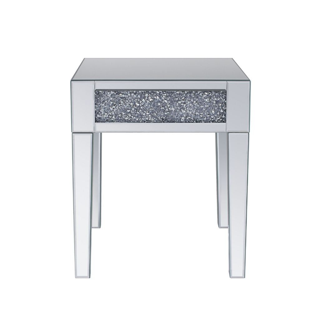 Elegant Mirrored Wood End Table with Faux Crystal Inlay