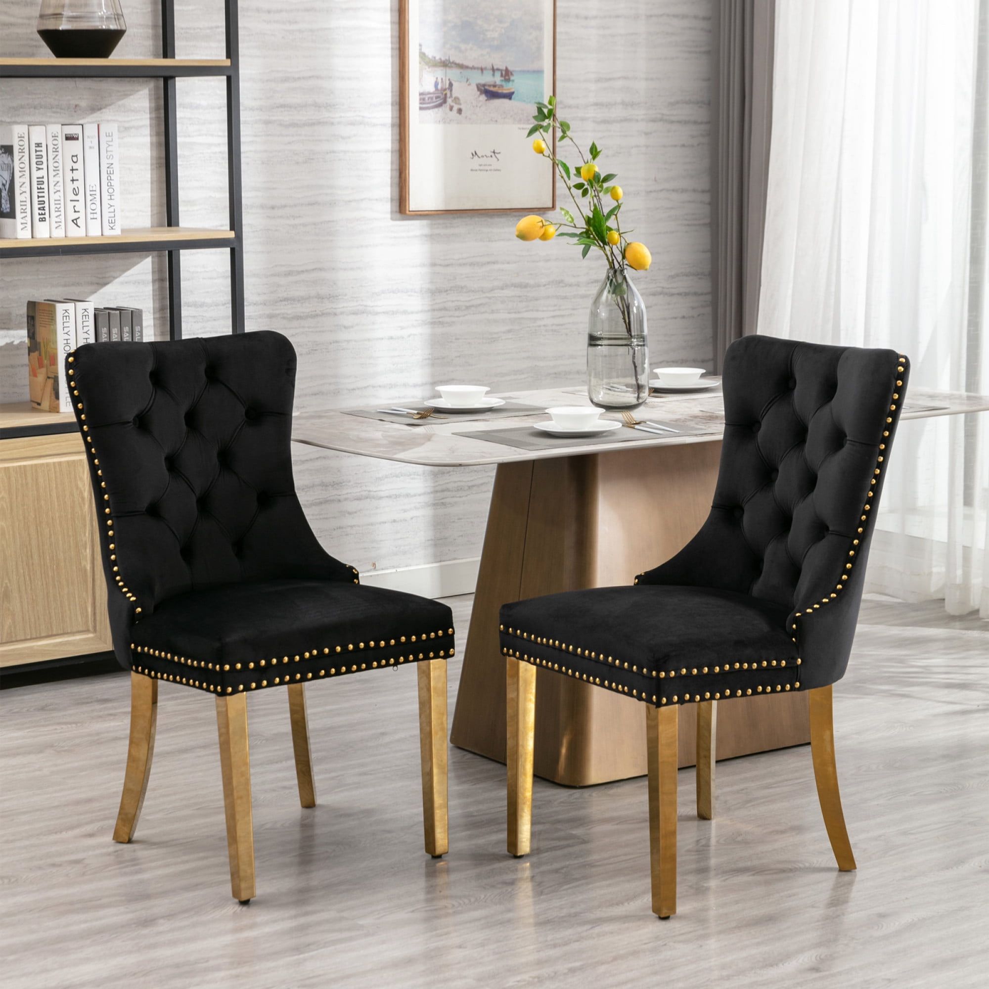 Black Velvet Upholstered Dining Chairs with Gold Legs, Set of 2