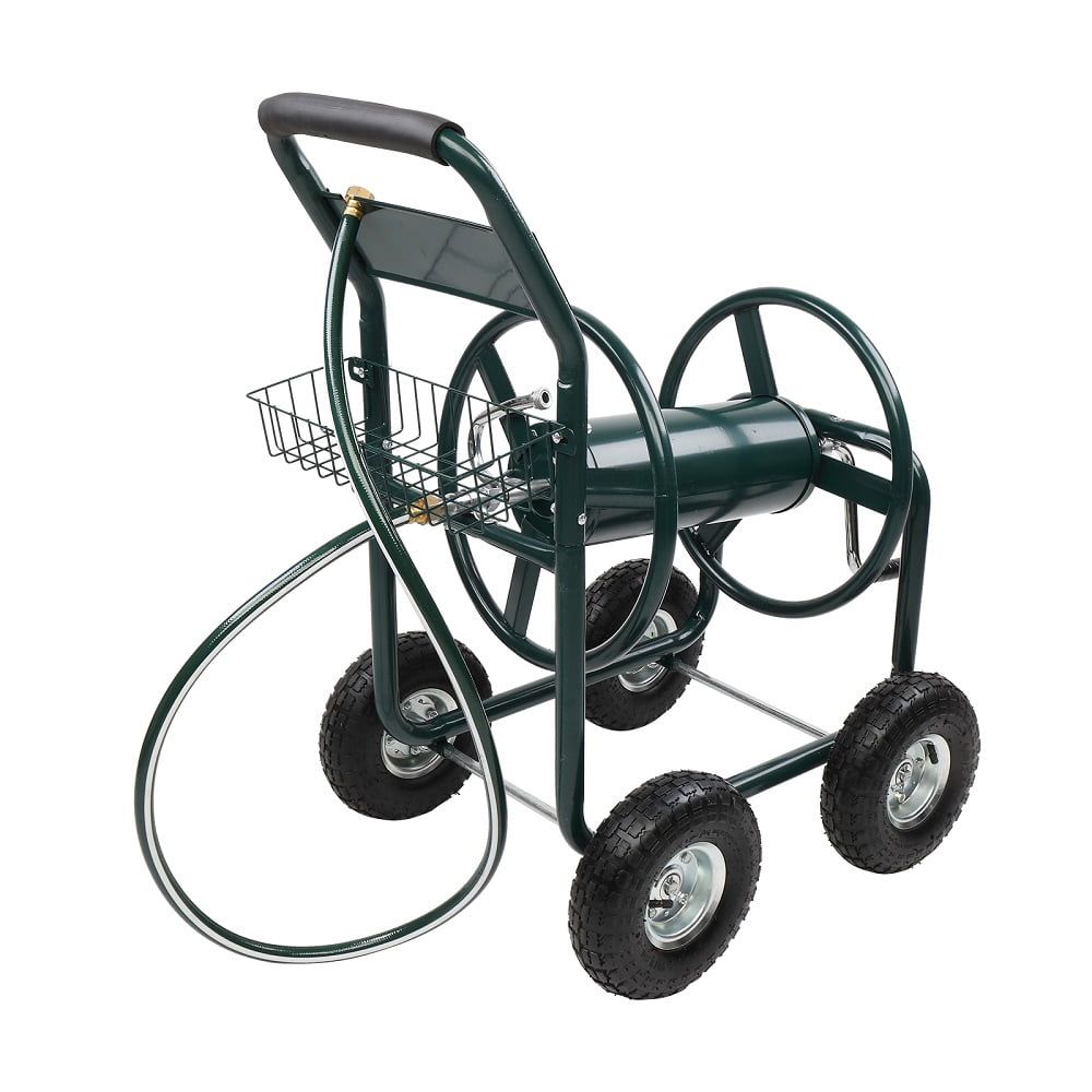 Green Steel Four-Wheel Hose Reel Cart with Manual Crank