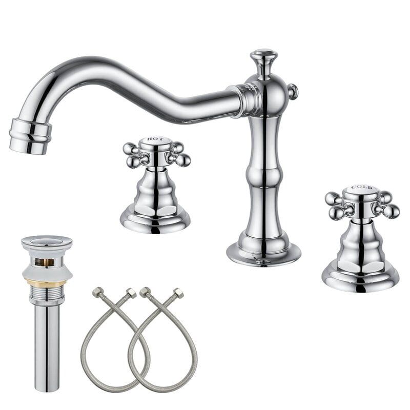 Polished Chrome Widespread Bathroom Faucet with Cross Knobs