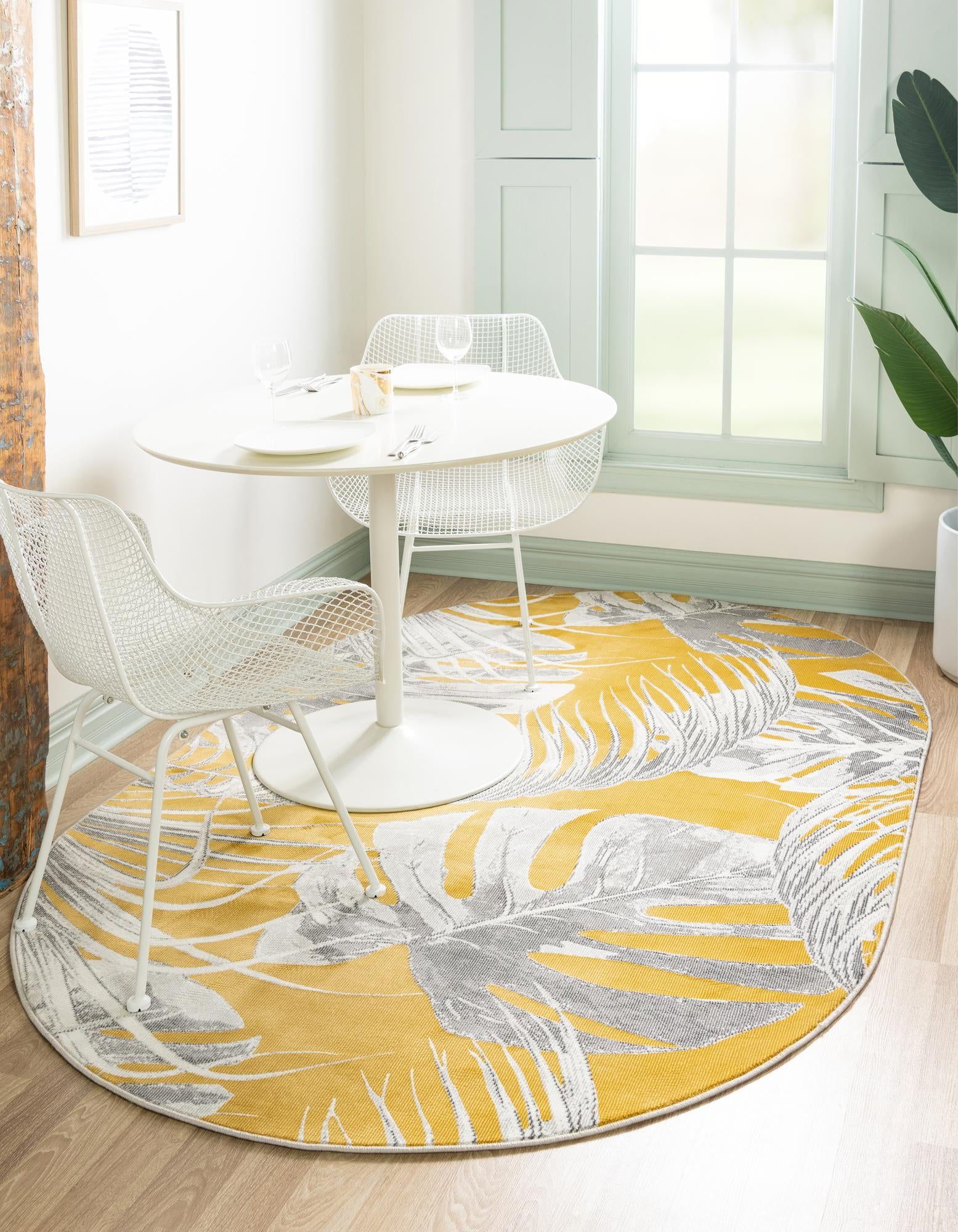 Yellow and Ivory Floral Rectangular Synthetic Rug