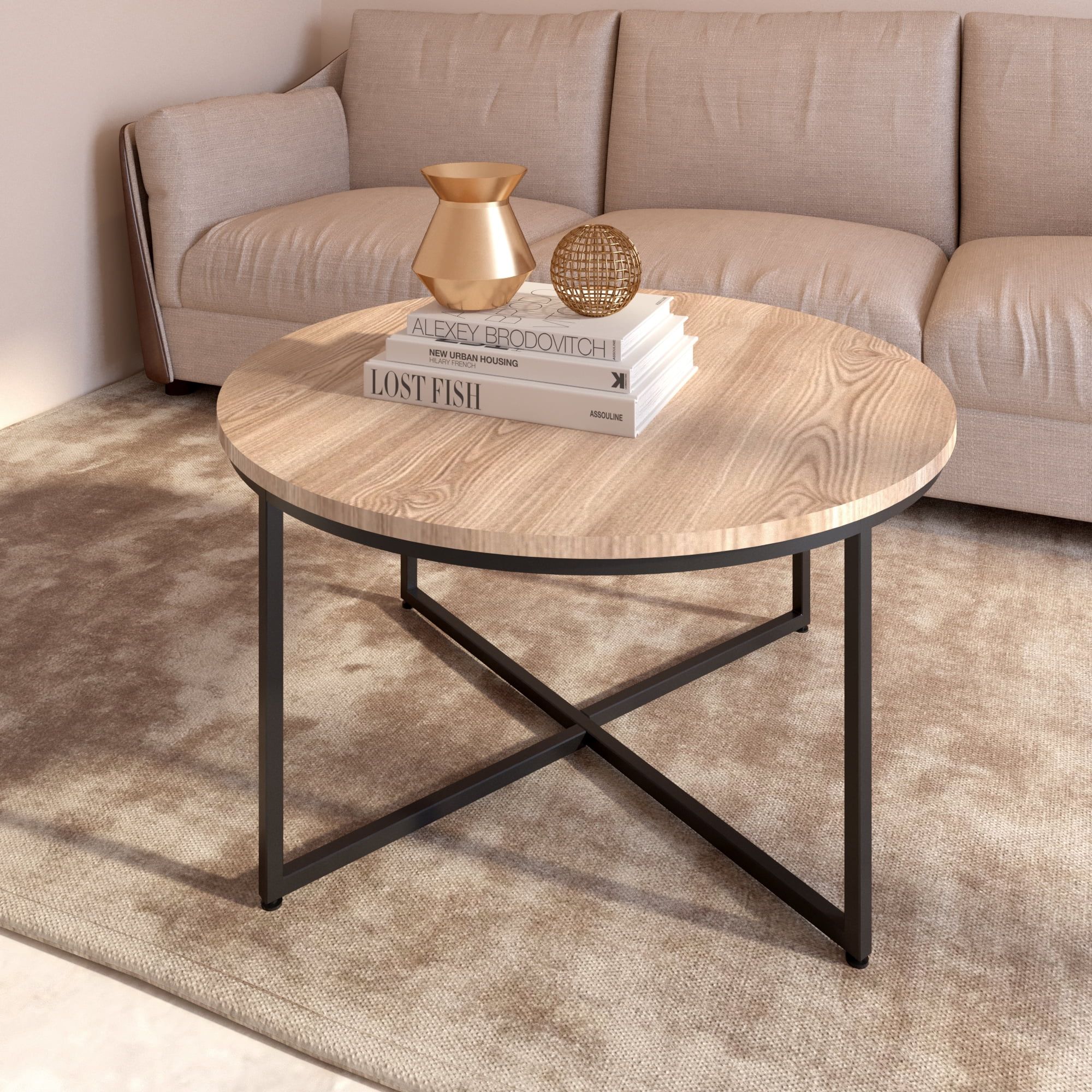 Modern Round Metal and Wood Coffee Table - Light Brown