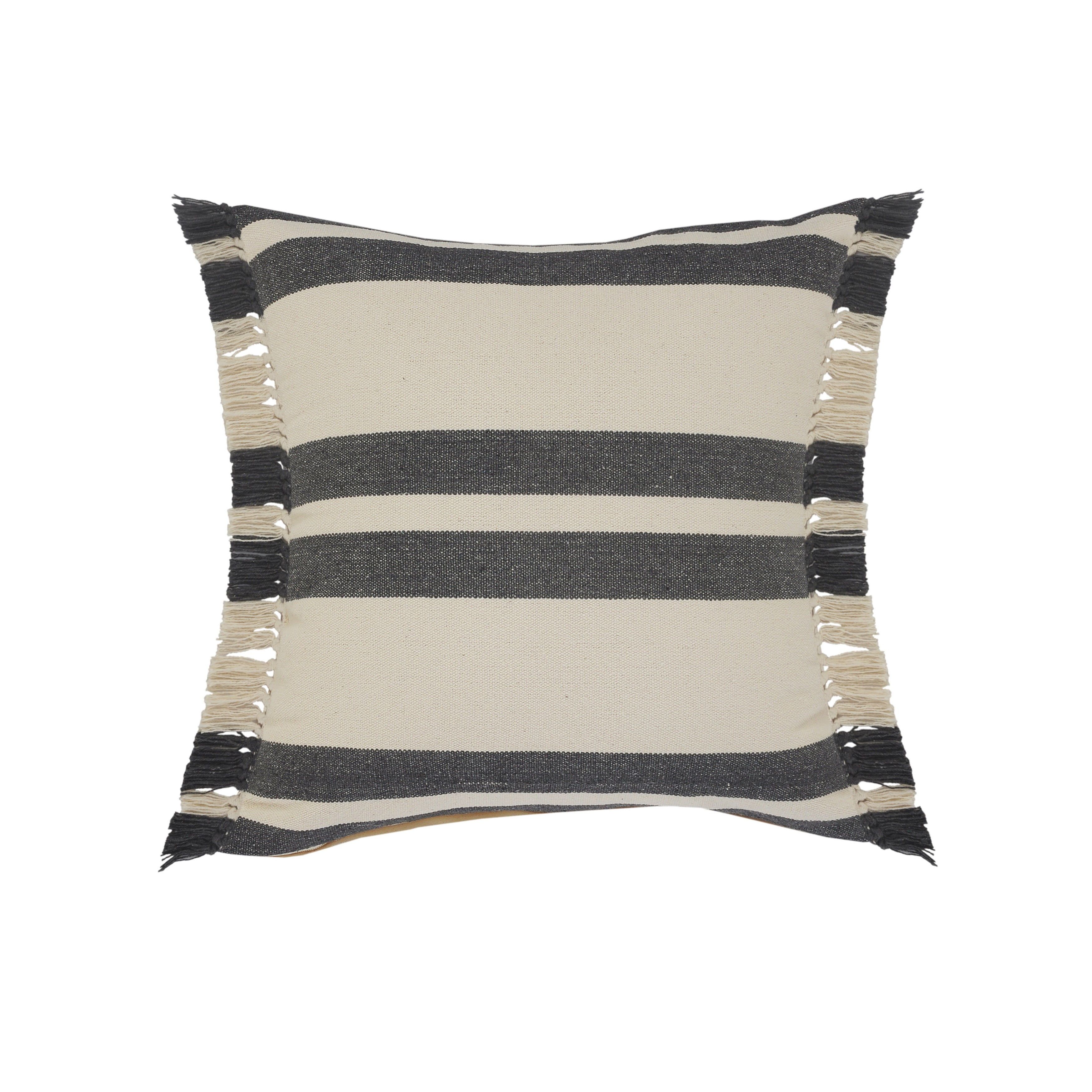 Gray and White 20" Square Striped Fringe Throw Pillow