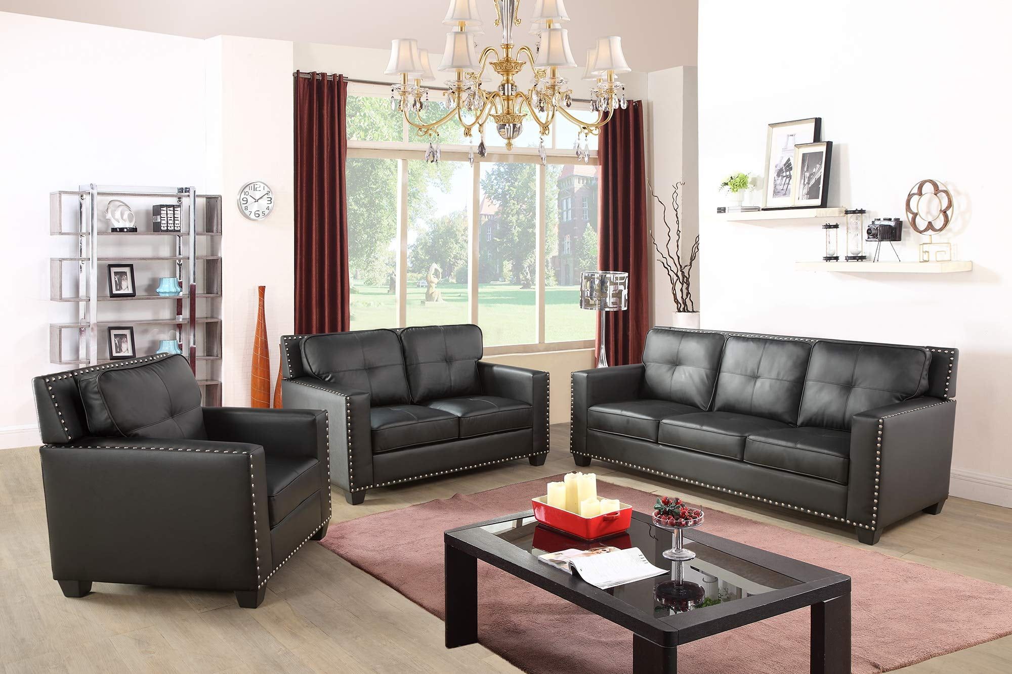 Black Faux Leather 3-Piece Sofa, Loveseat, and Chair Set