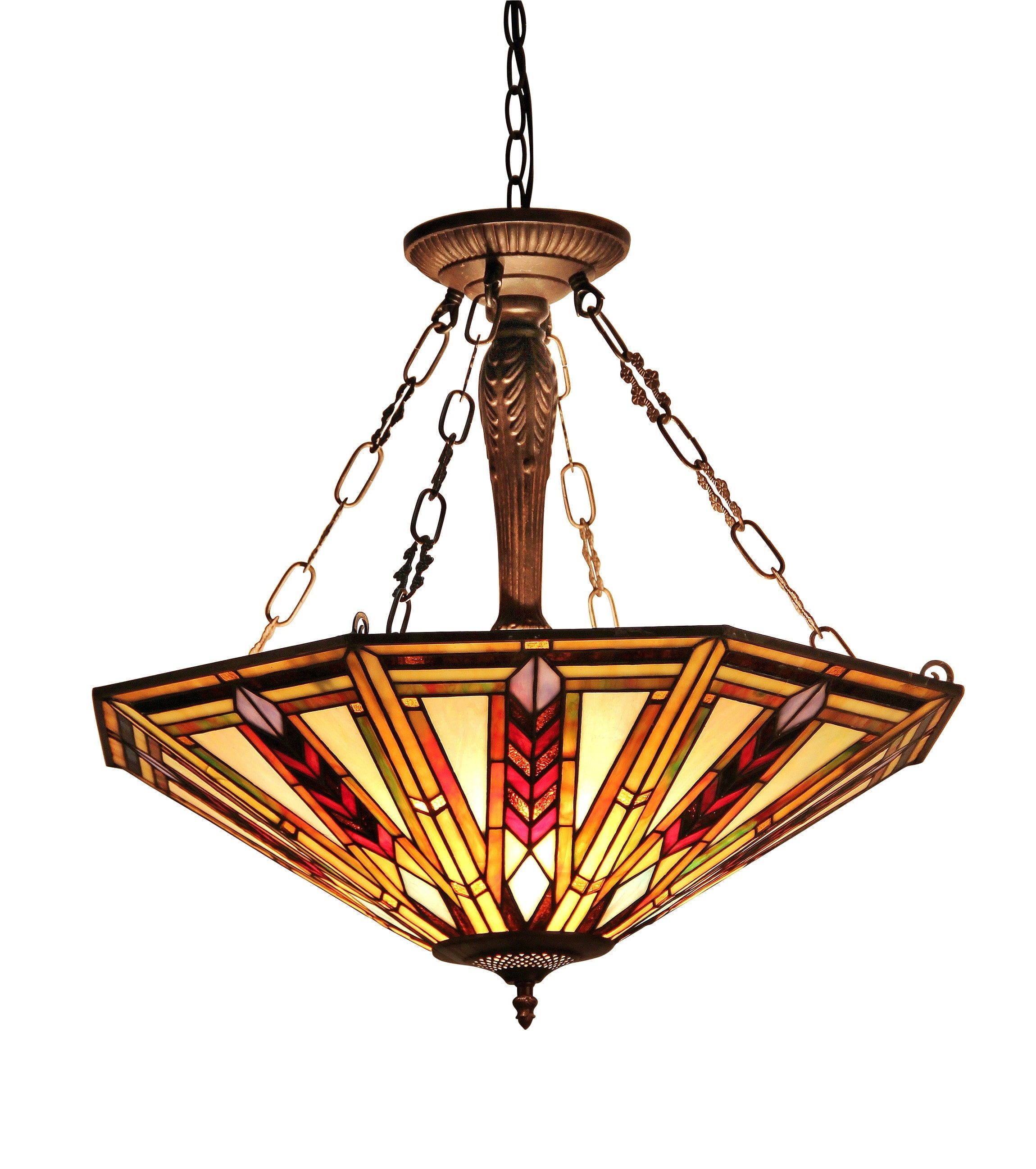 Jayden Tiffany-Style 3-Light Mission Inverted Bronze Pendant with Stained Glass Shade