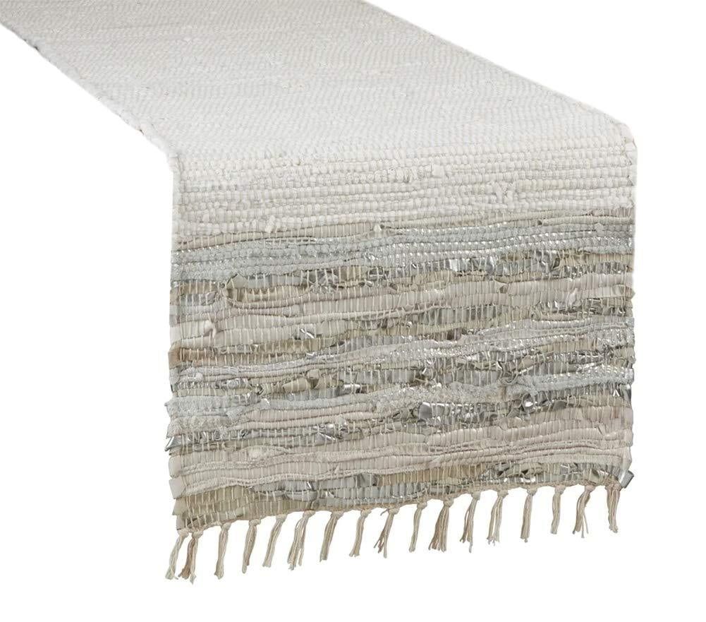 White and Silver Cotton Leather Chindi Table Runner with Tassels