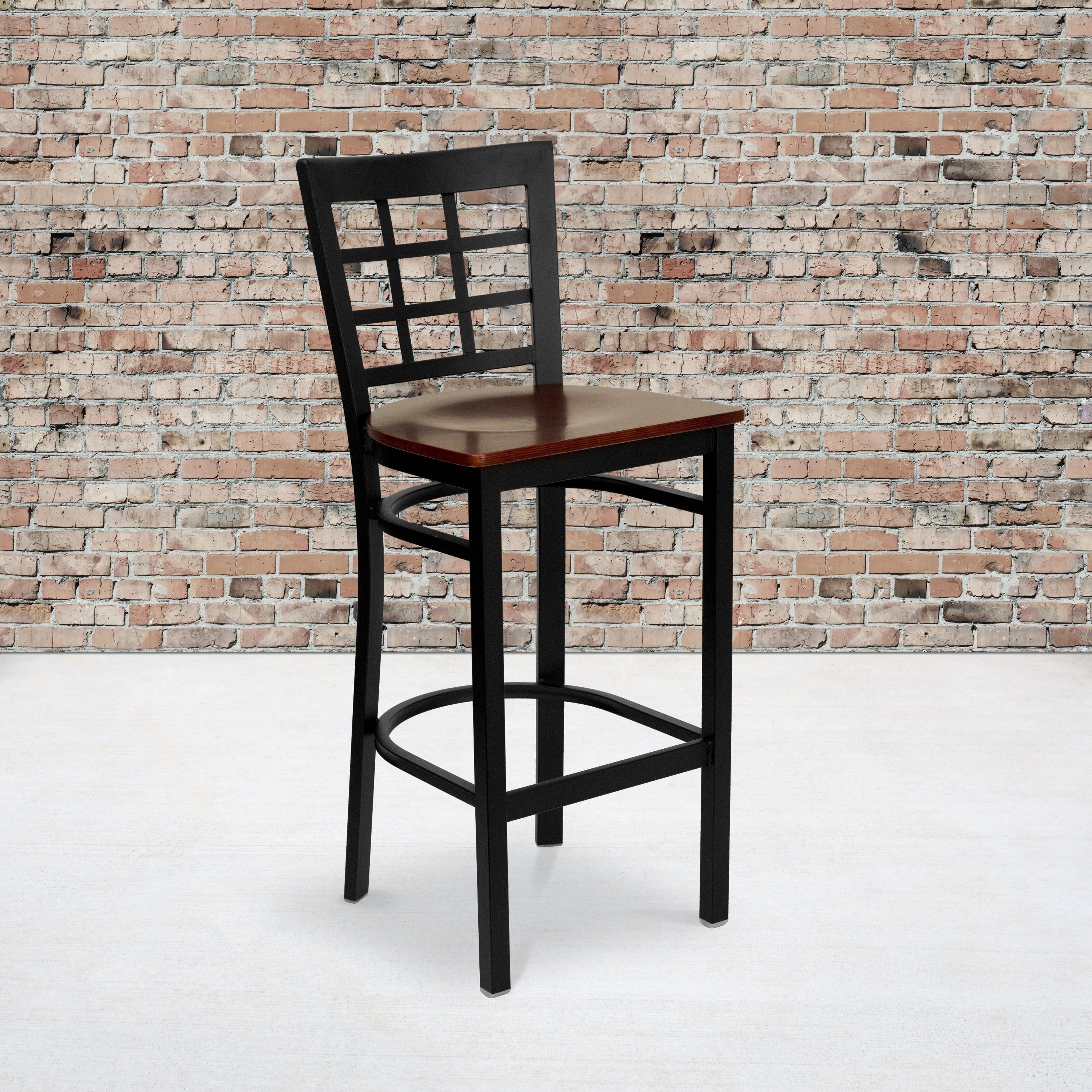 Elegant Black Metal and Mahogany Wood Barstool with Window Back Design