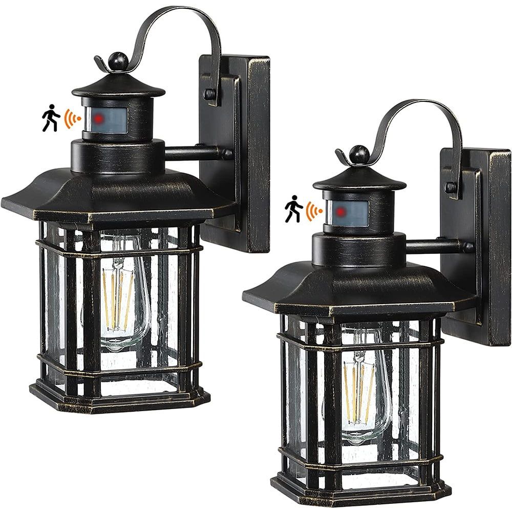 Matte Black Motion Sensor Outdoor Lantern Wall Lights, 2 Pack