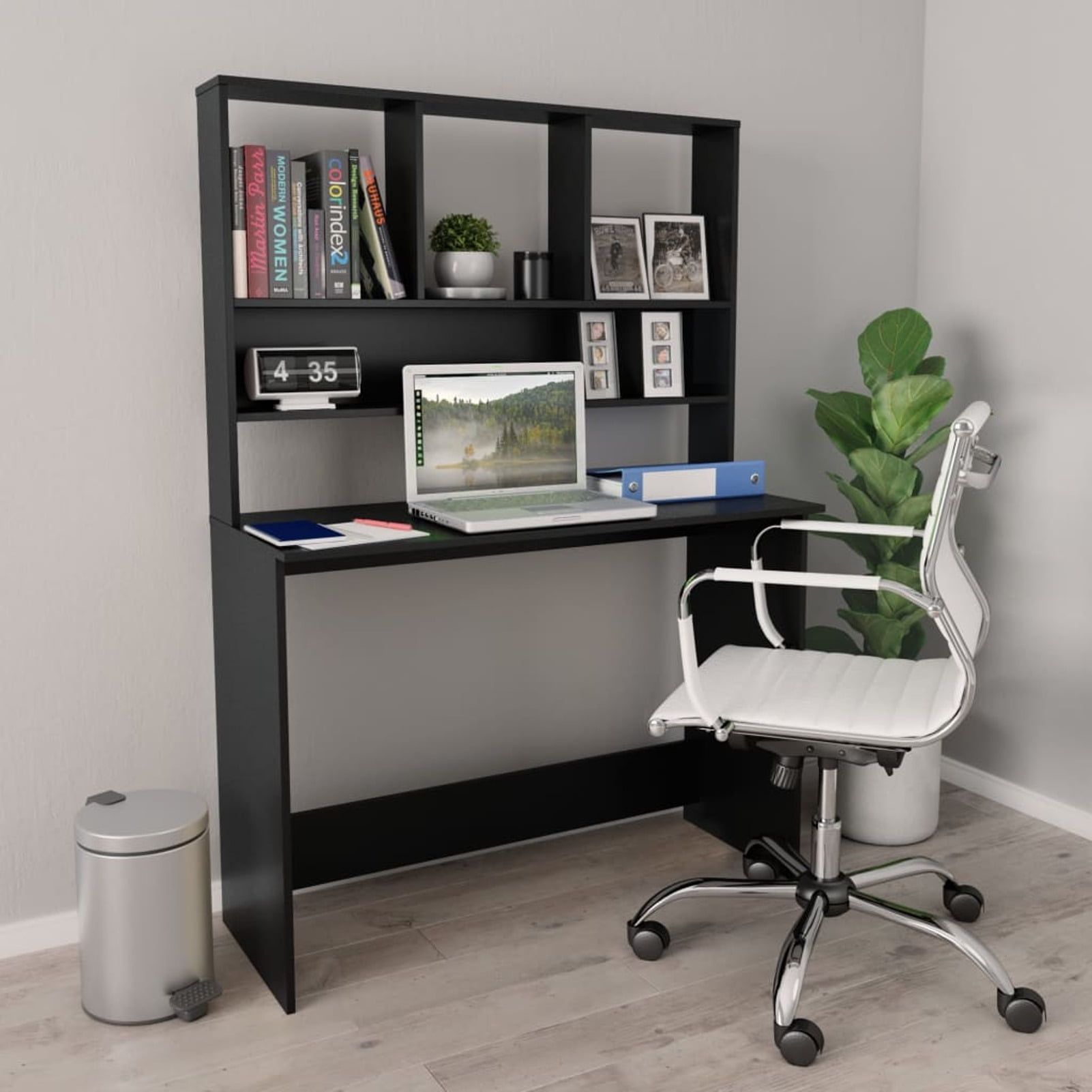 Modern Black Engineered Wood Desk with Vertical Bookshelves