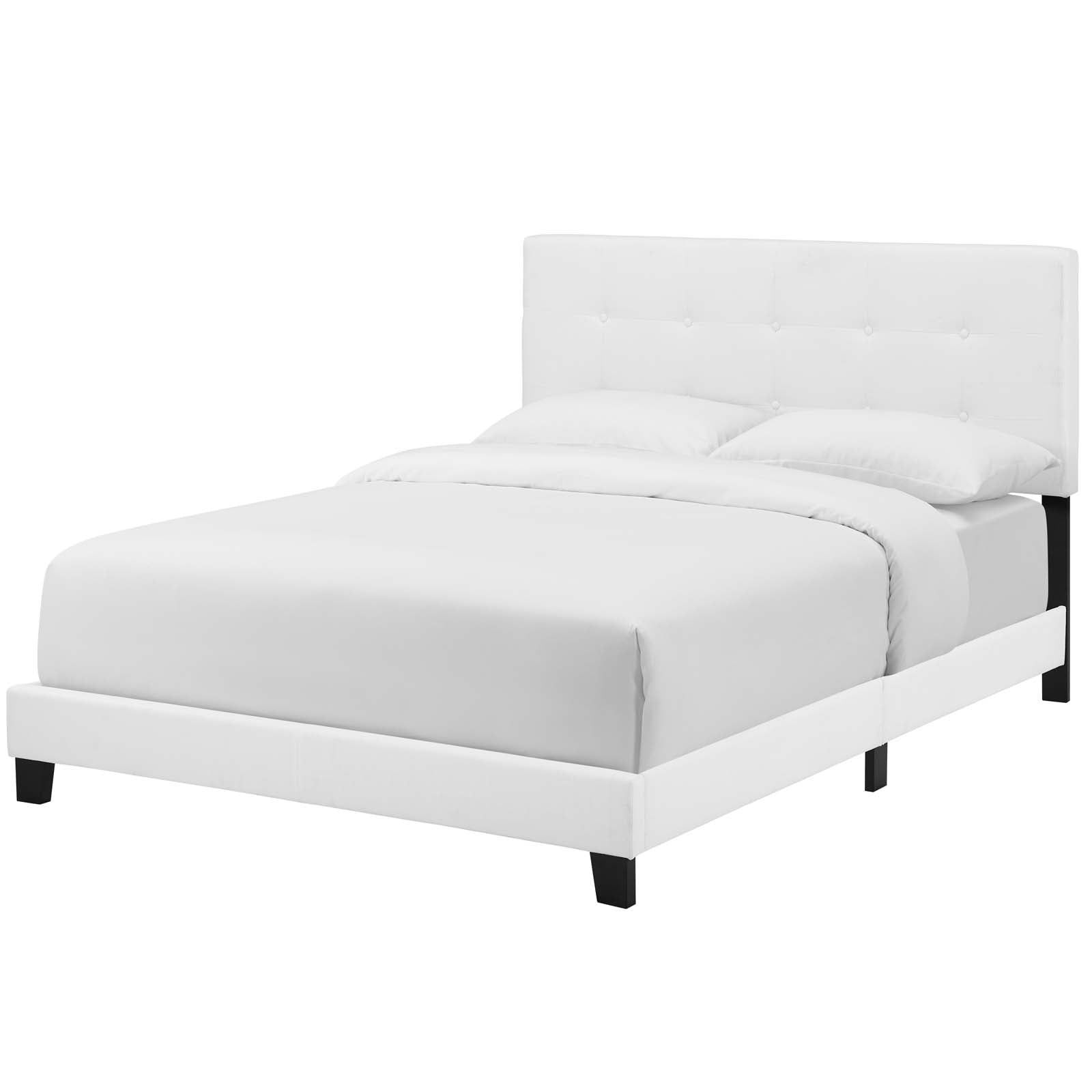 Elegant Full-Size White Fabric Upholstered Platform Bed with Tufted Headboard