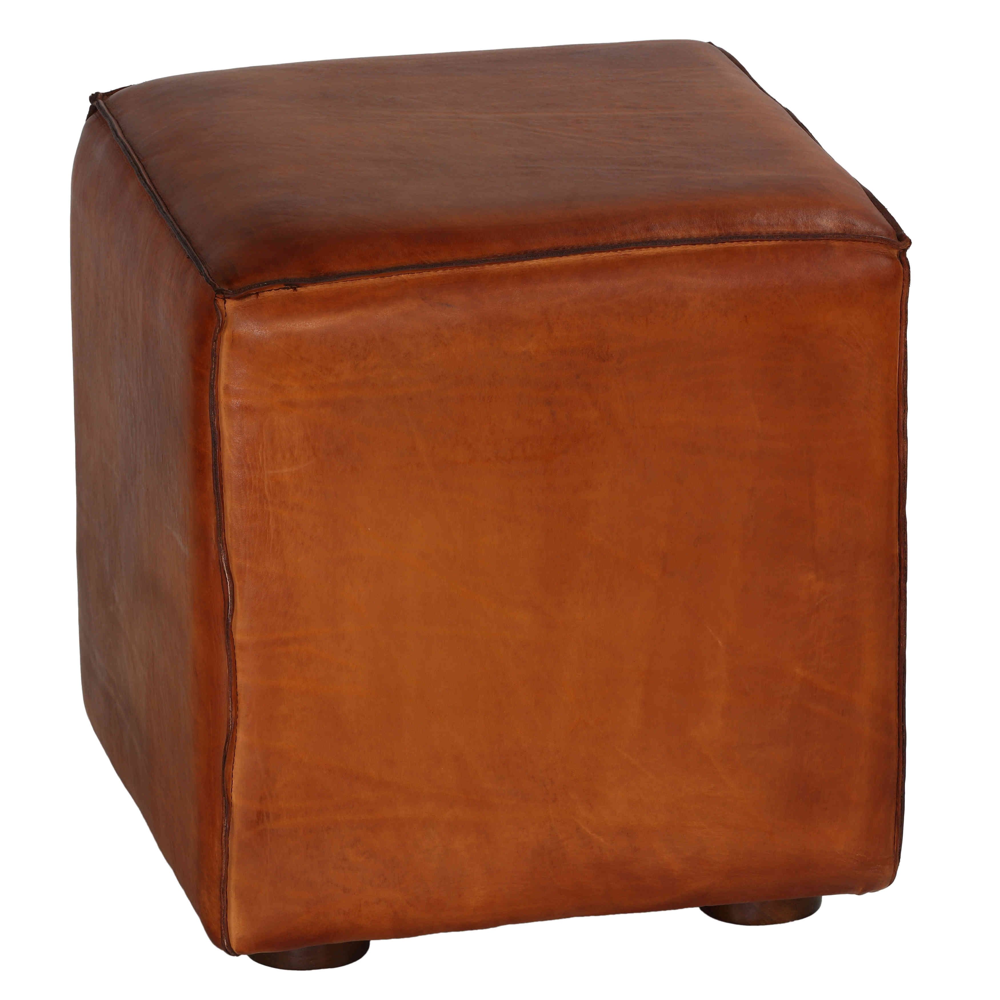 Rustic Country Saddle Brown Genuine Leather Ottoman