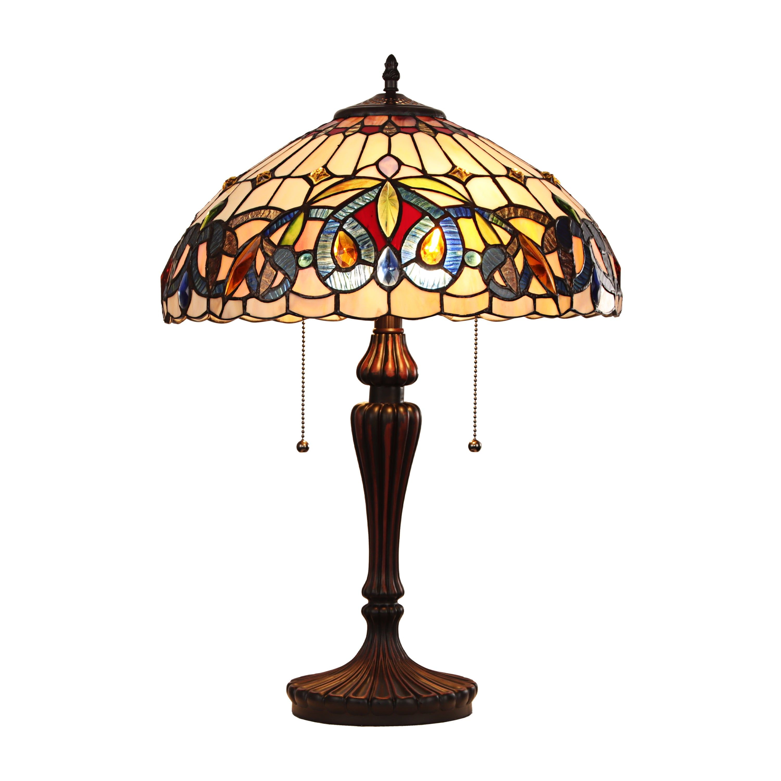 Elegant Victorian-Style Bronze 2-Light Table Lamp with Stained Glass