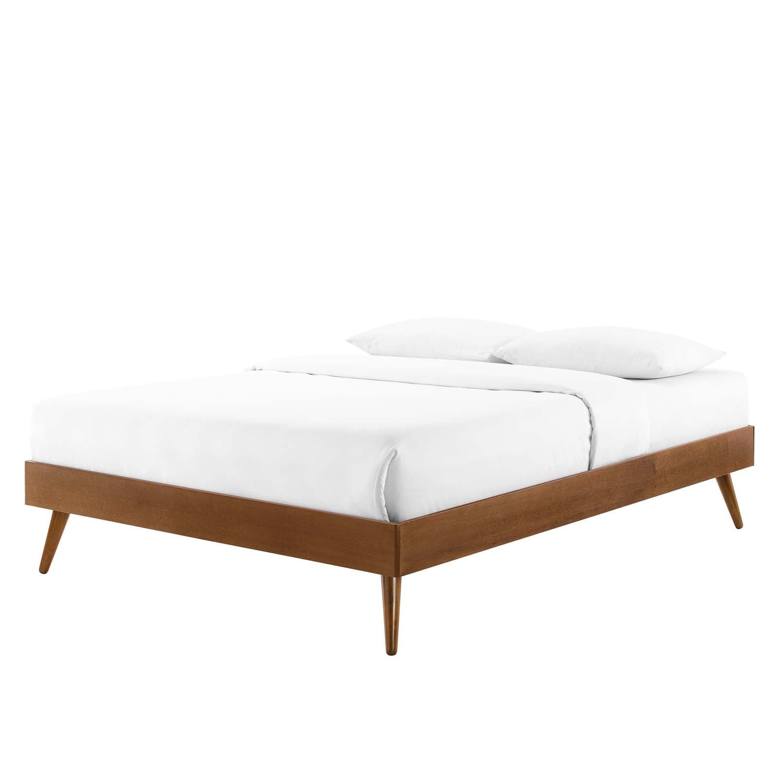 Mid-Century Walnut Wood King Platform Bed with Upholstered Headboard