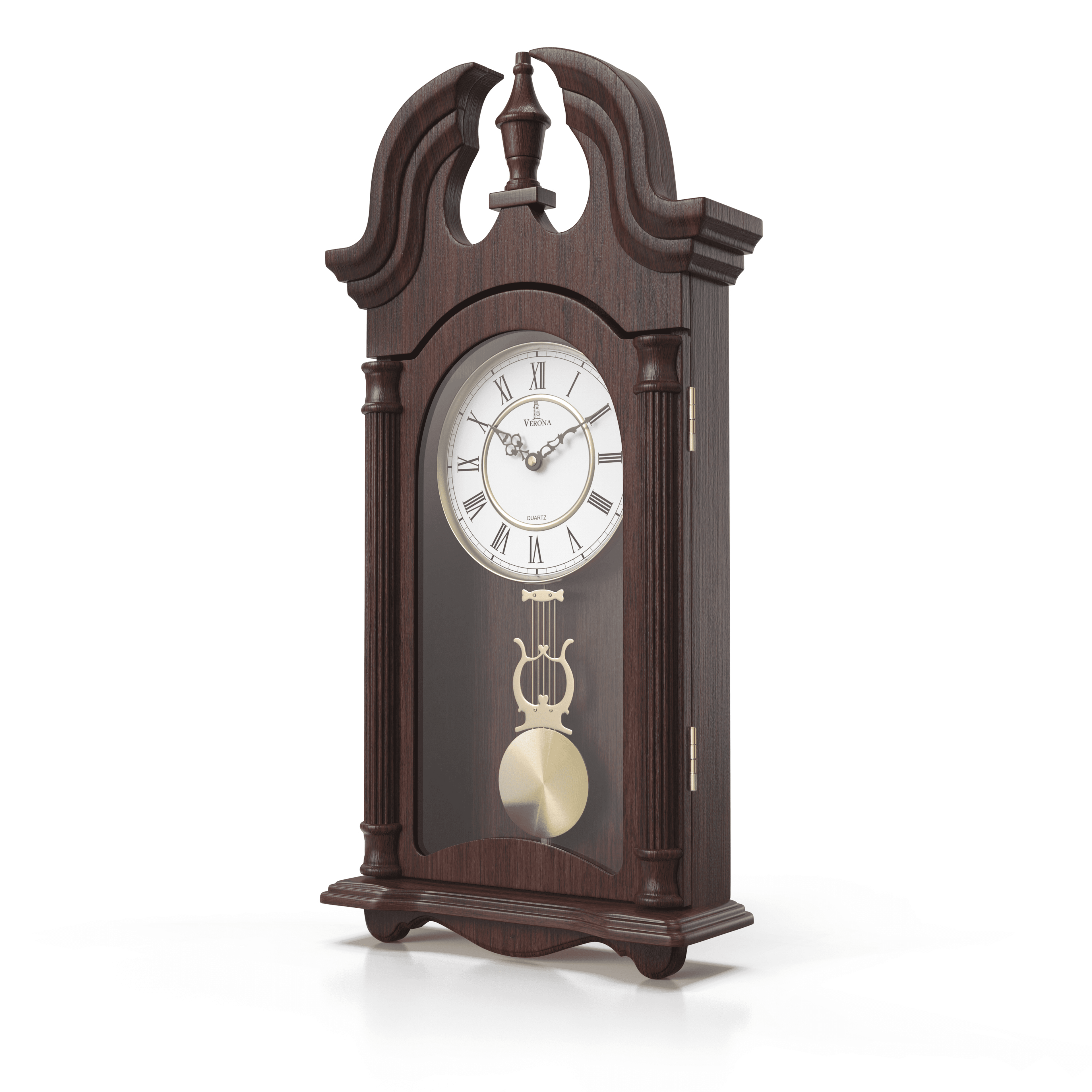 Dark Brown Wooden Pendulum Wall Clock with Glass Front