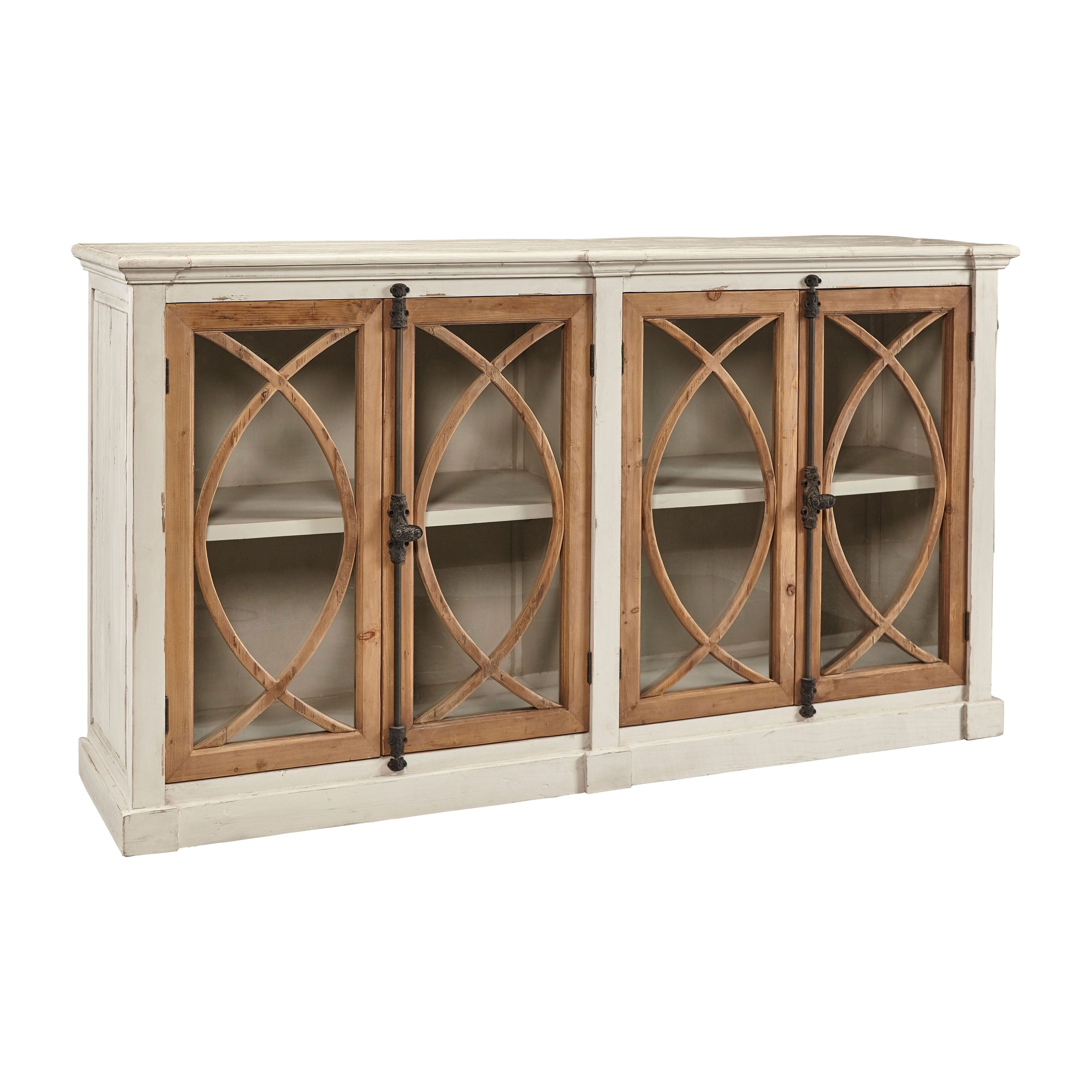 Antiqued White and Honey Fretwork China Cabinet