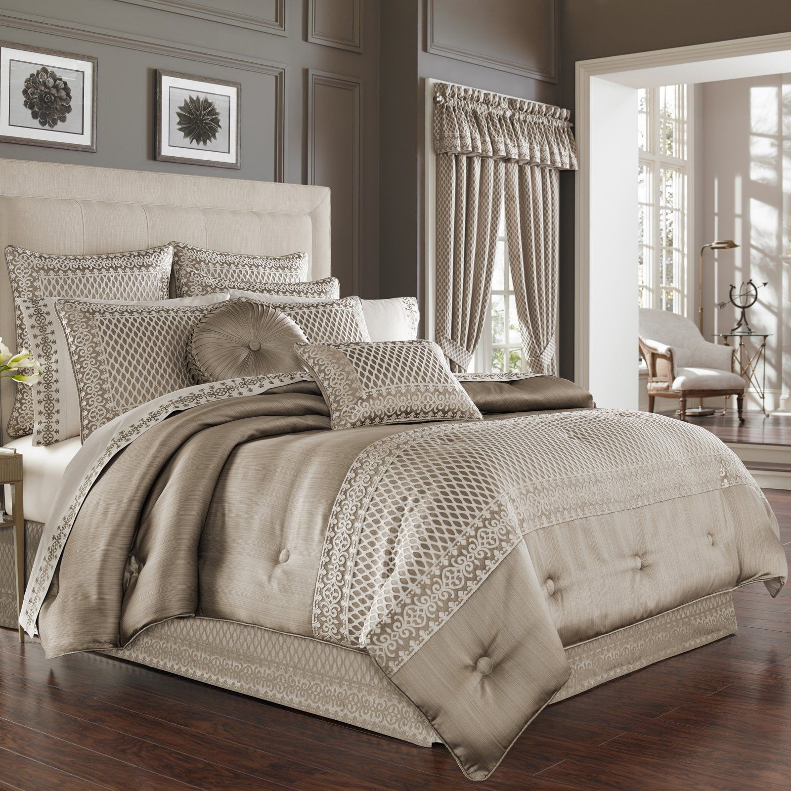 Ivory and Champagne Jacquard California King Comforter Set