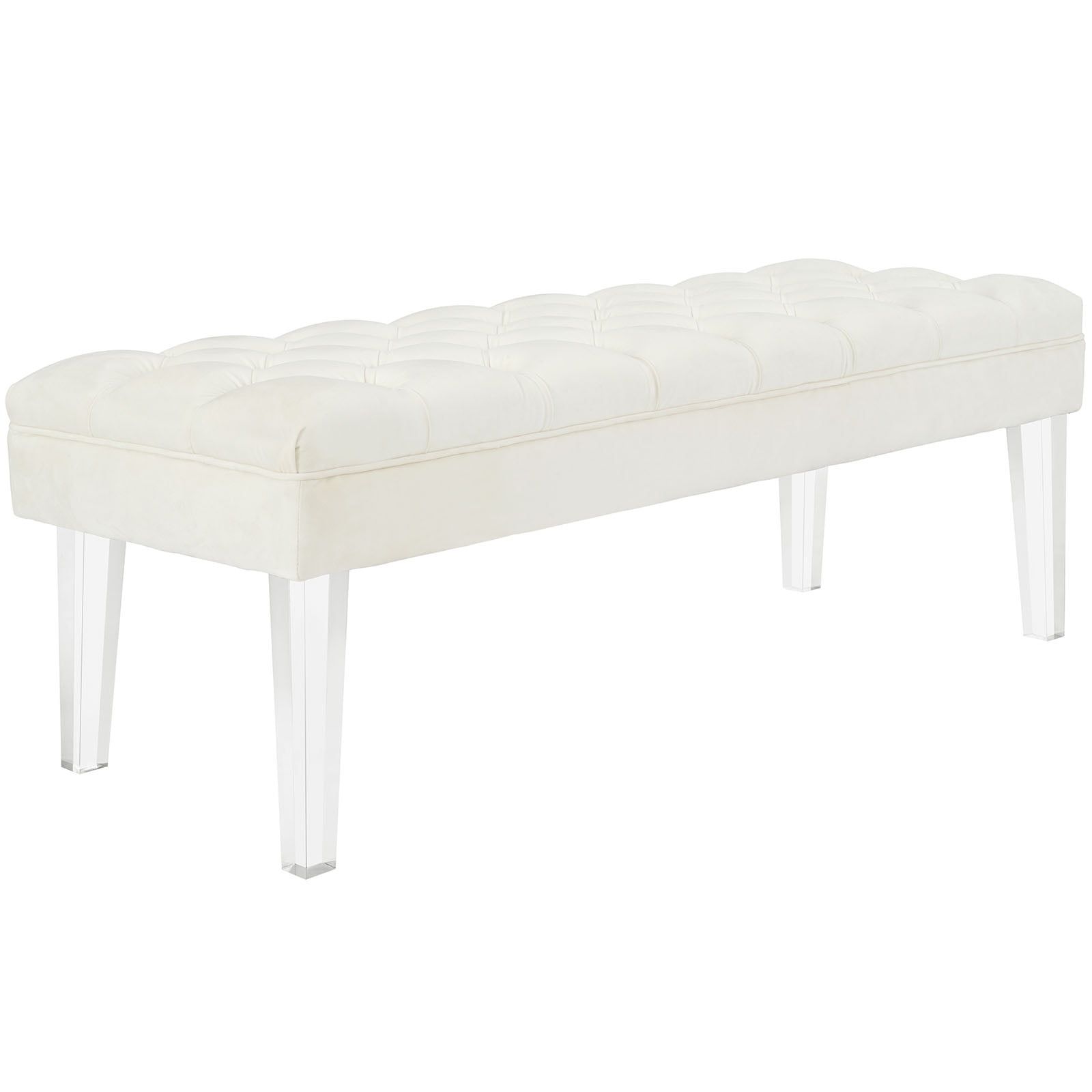 Ivory Velvet Tufted Bench with Tapered Acrylic Legs