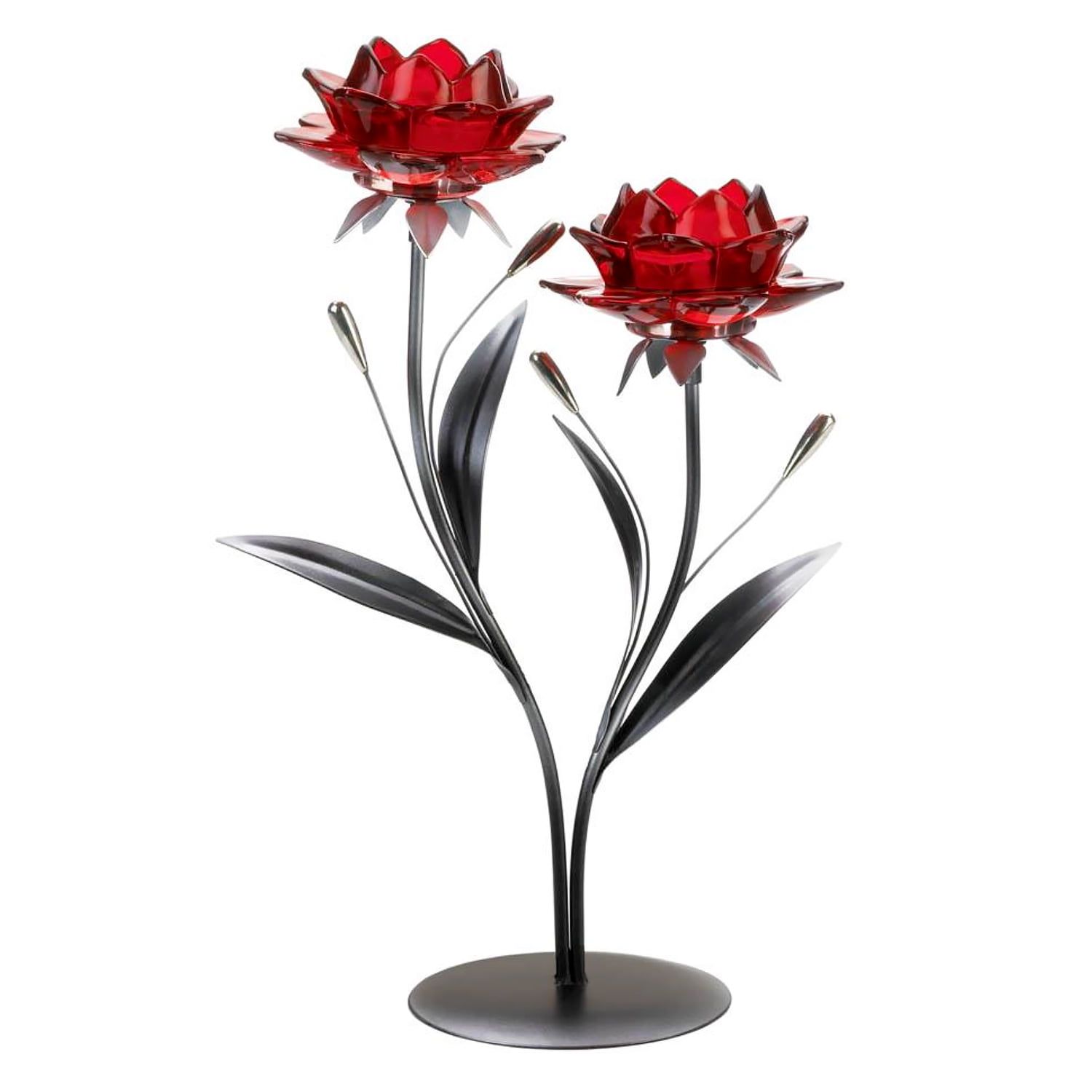 Elegant Red Flower Iron and Glass Candle Holder