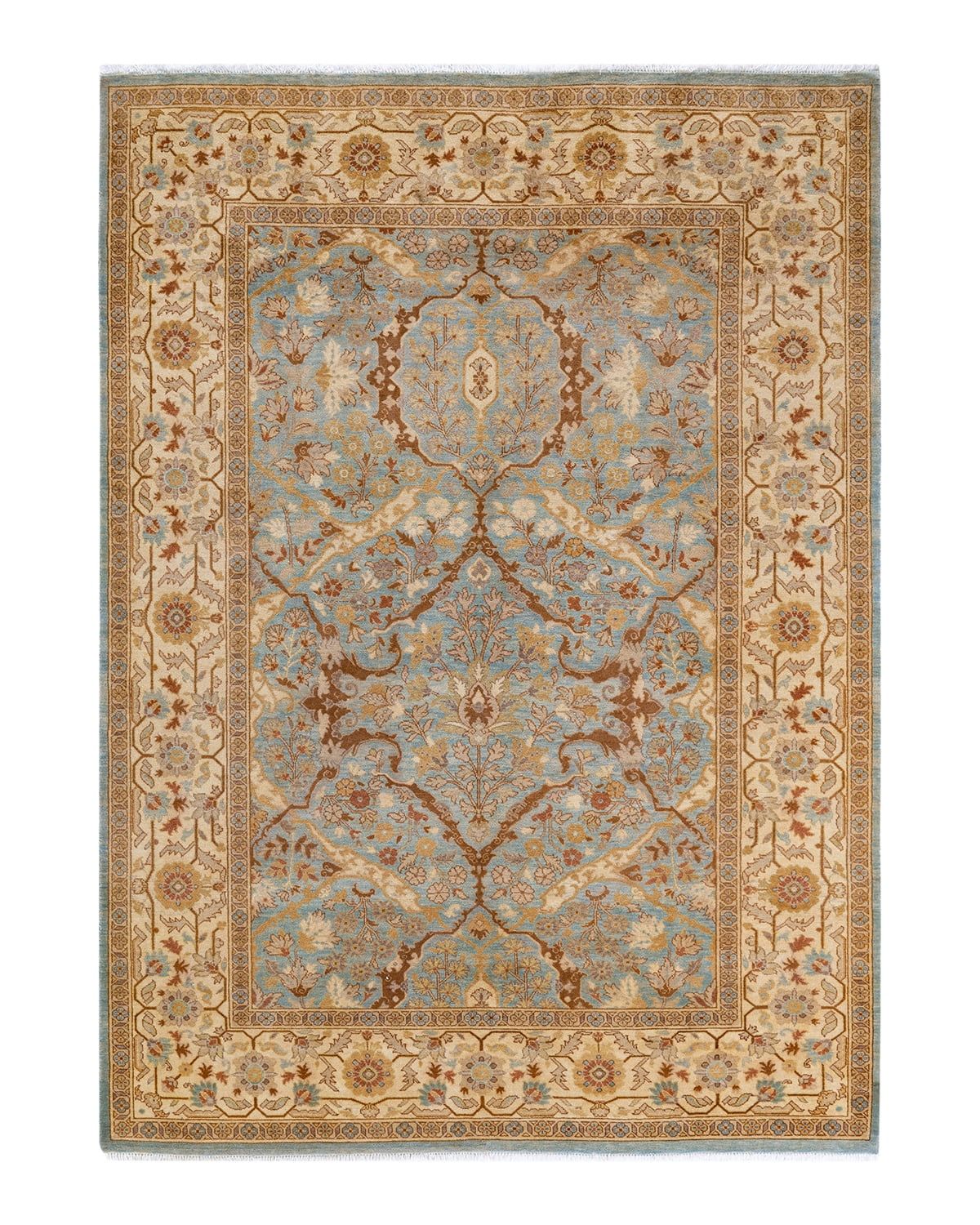 Hand-Knotted Light Blue Wool Floral Area Rug 6'1" x 8'10"