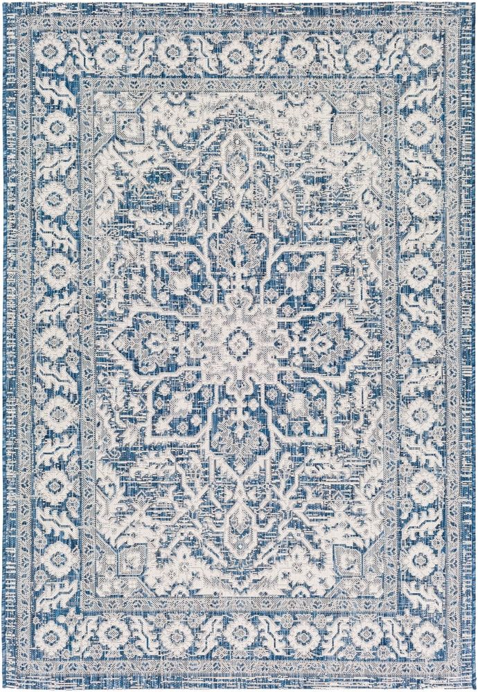 Eagean Blue and White Round Synthetic Outdoor Rug