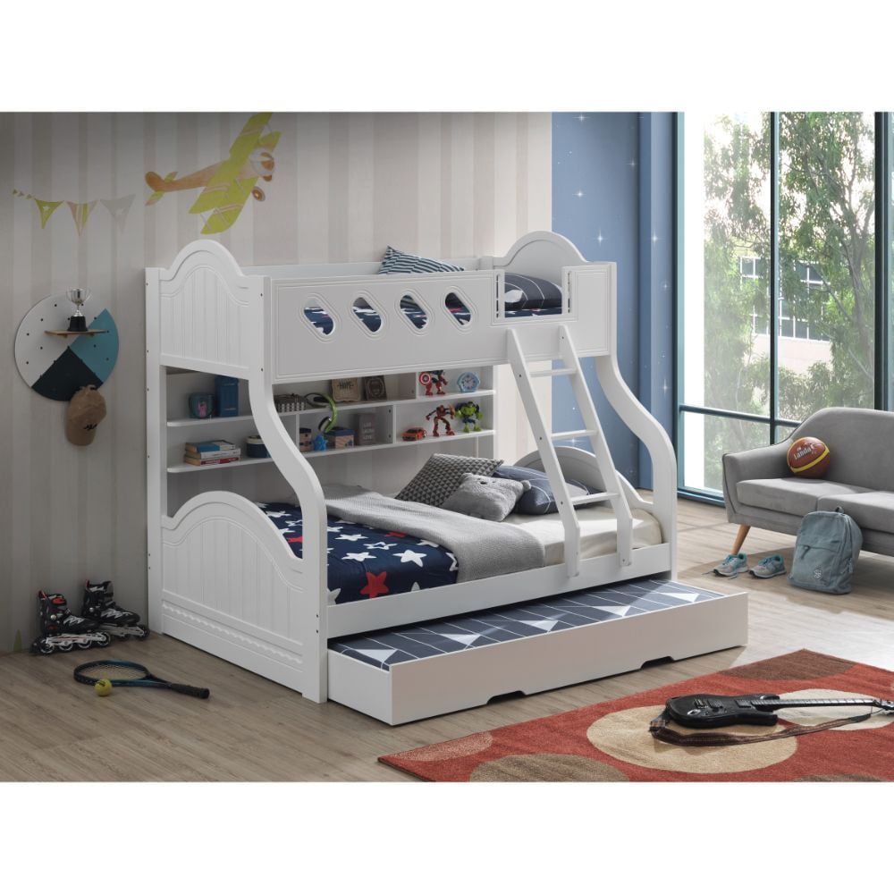 White Twin Trundle Bed with Slat System and Caster Wheels