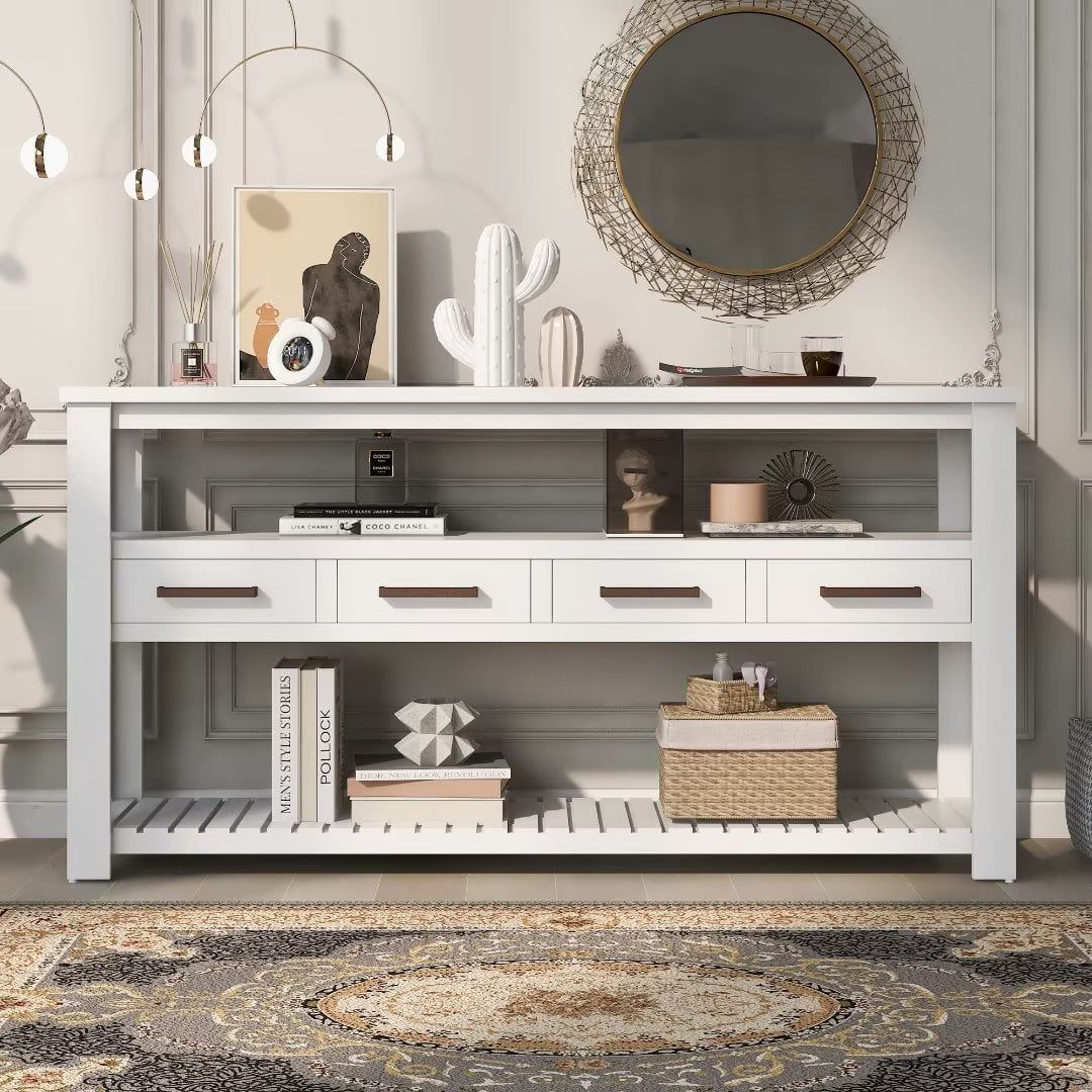 White Pine Wood Console Table with Storage Drawers and Shelves