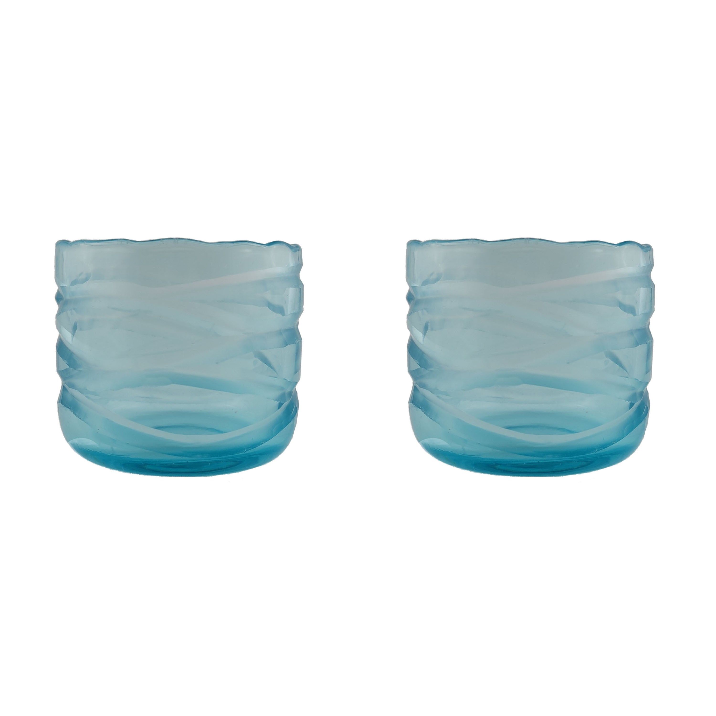 Blue Swirl Glass Votive Candle Holders, 3.25" Diameter, Set of 2