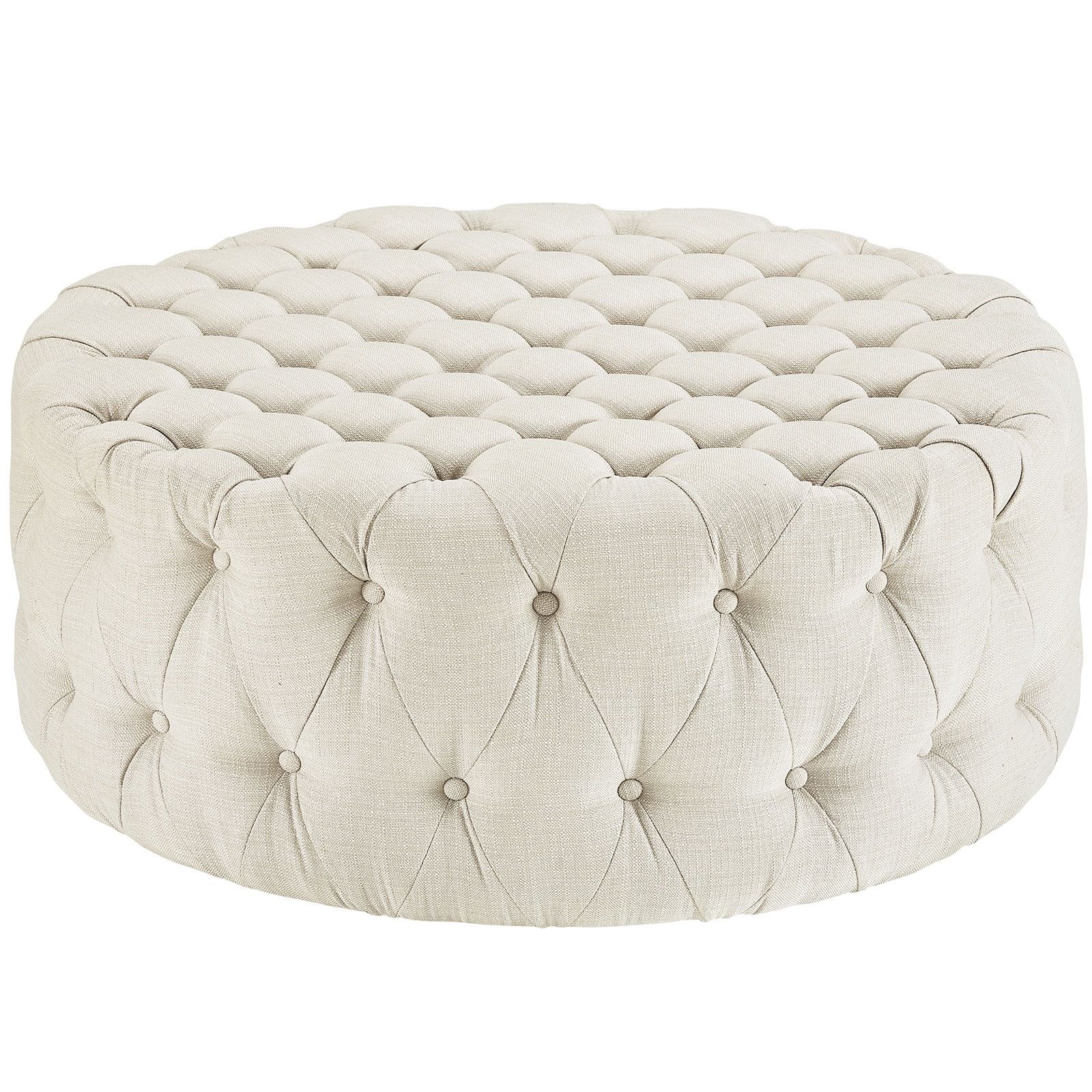 Chic Beige Tufted Round Ottoman with Dense Foam Padding