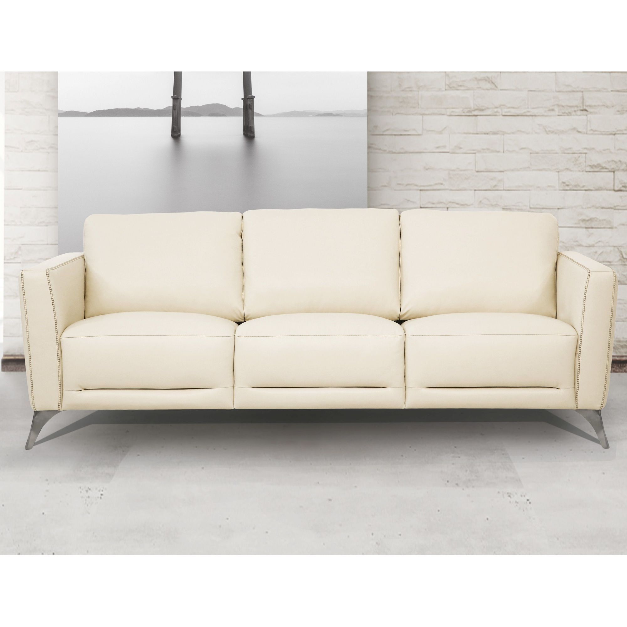 Malaga Cream Beige Leather Sofa with Chrome Legs