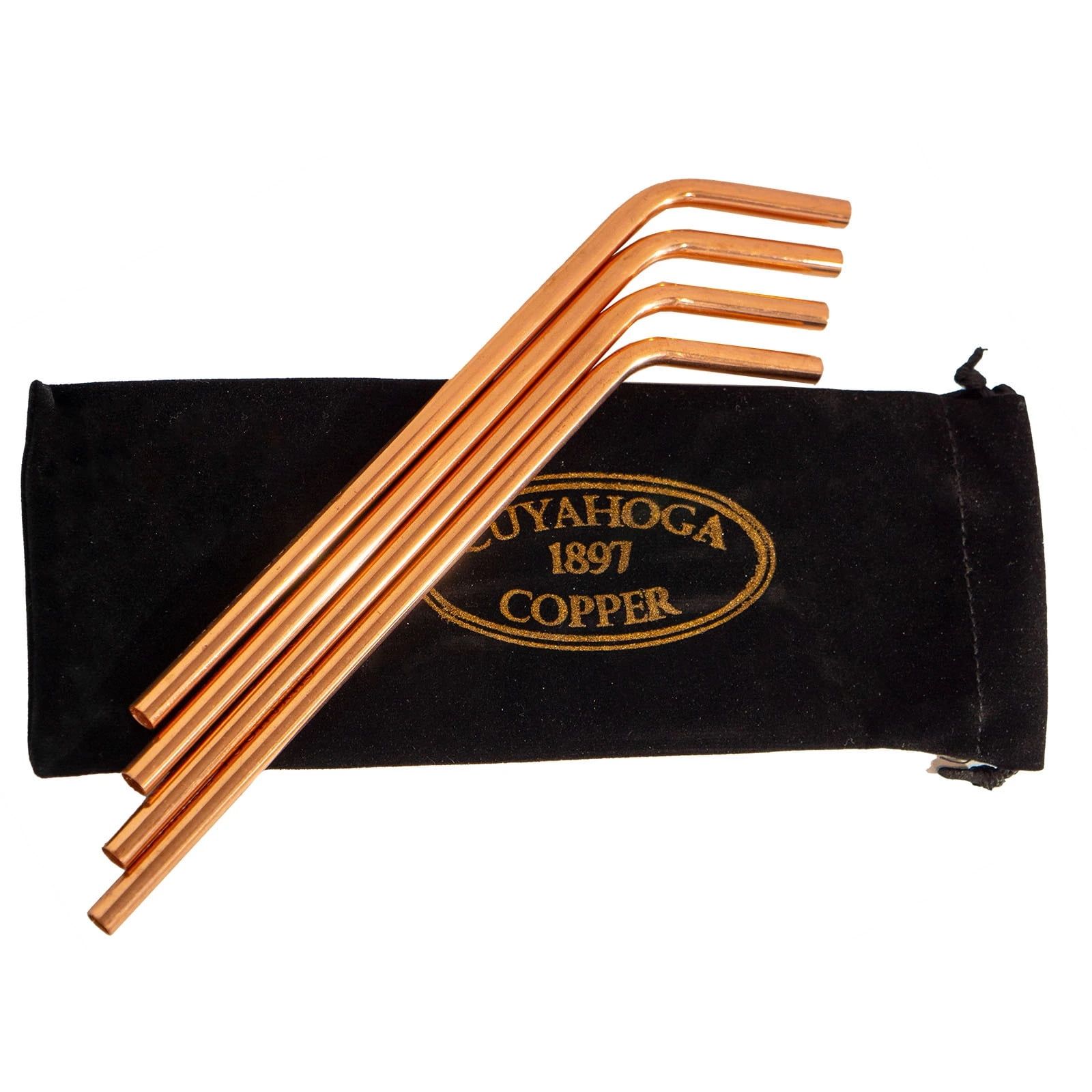 Set of 4 Bent Pure Copper Drinking Straws with Velvet Bag