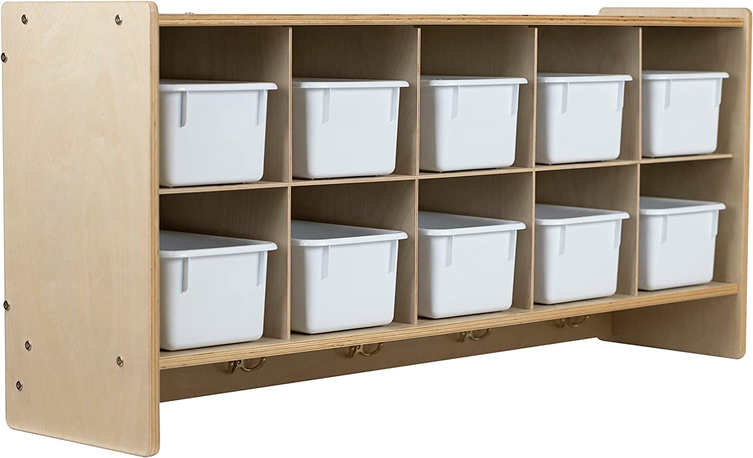 White 10-Section Wall-Mounted Cubby Organizer with Hooks