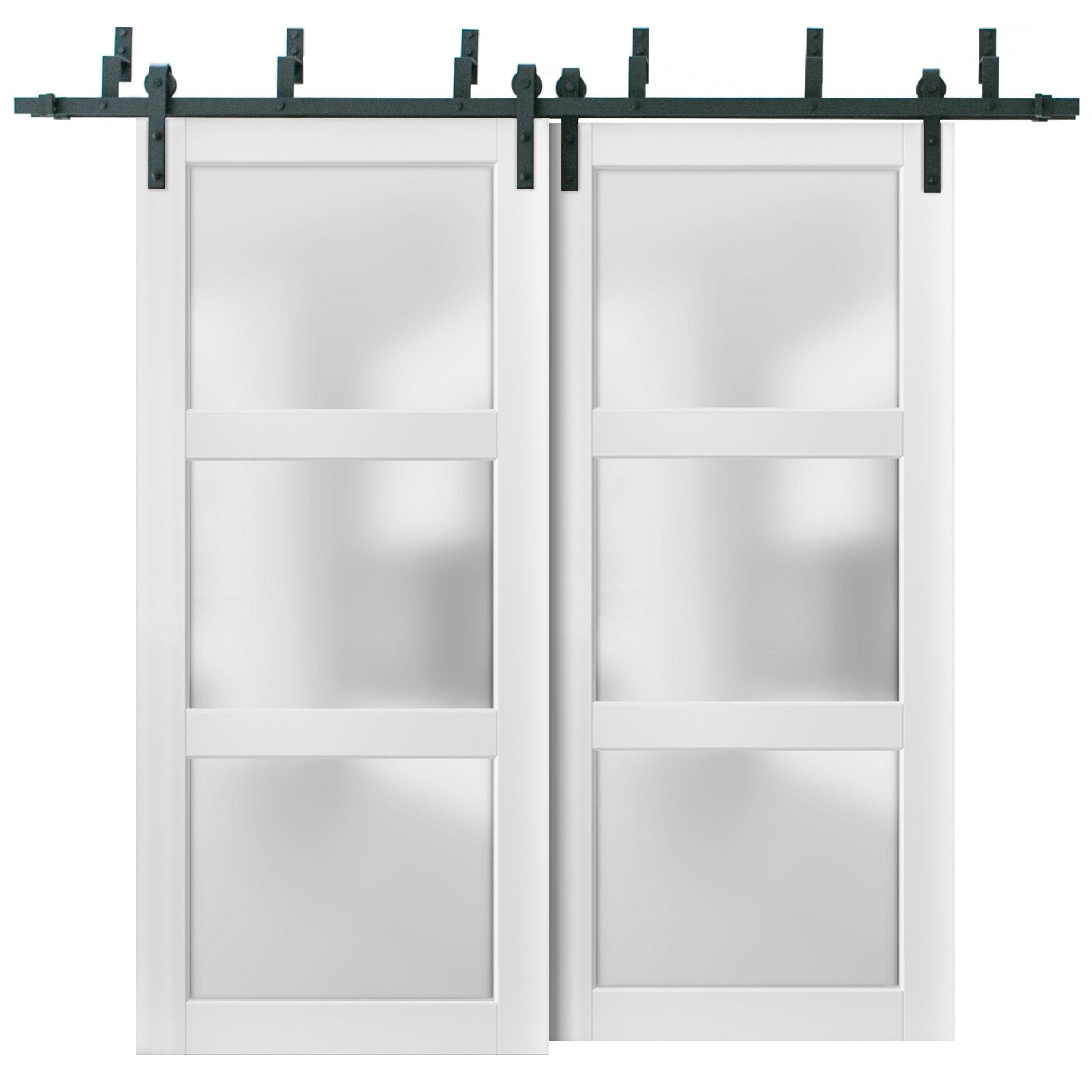 Matte White Frosted Glass Double Sliding Barn Door with Hardware Kit