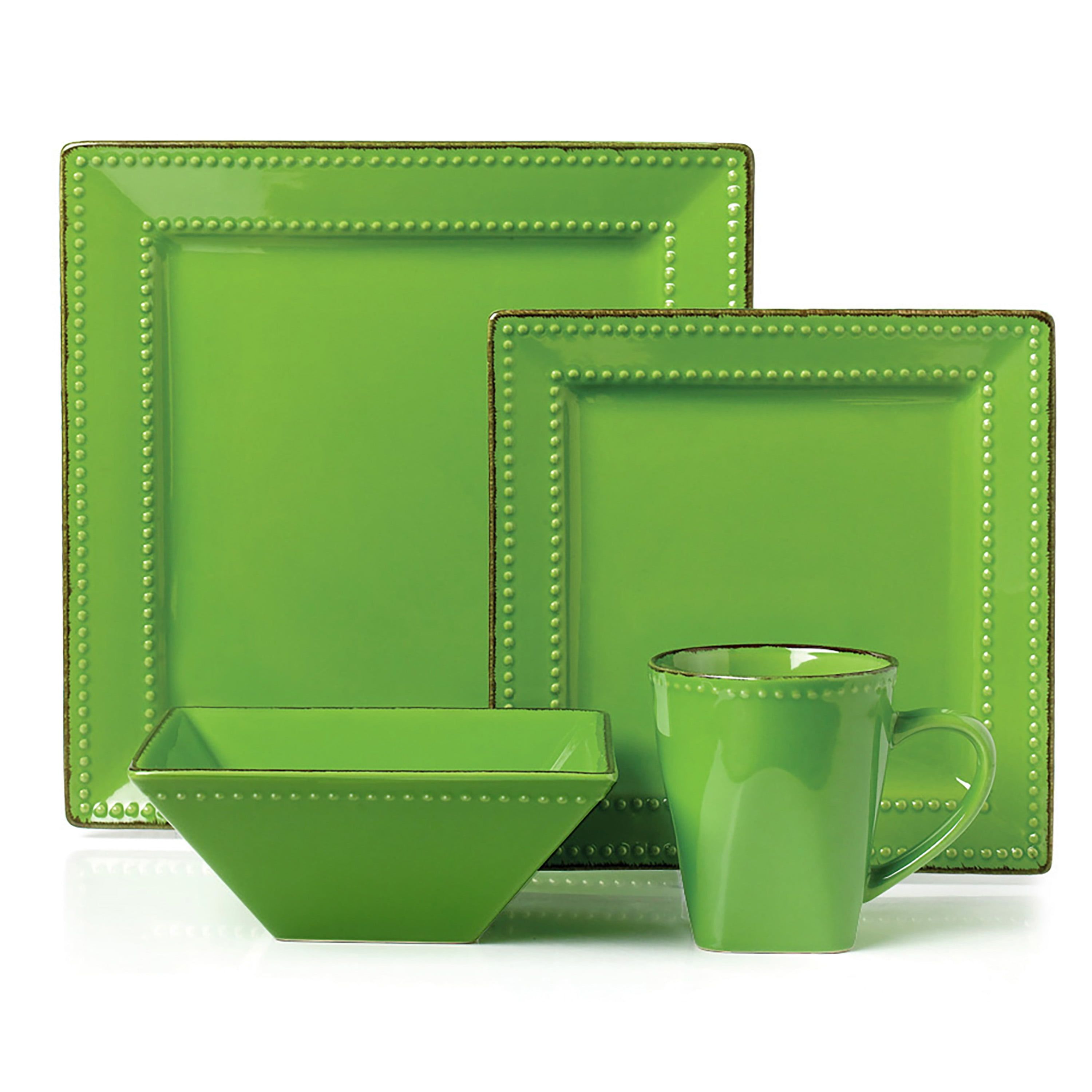 Green Square Beaded Ceramic Dinnerware Set, Service for 4