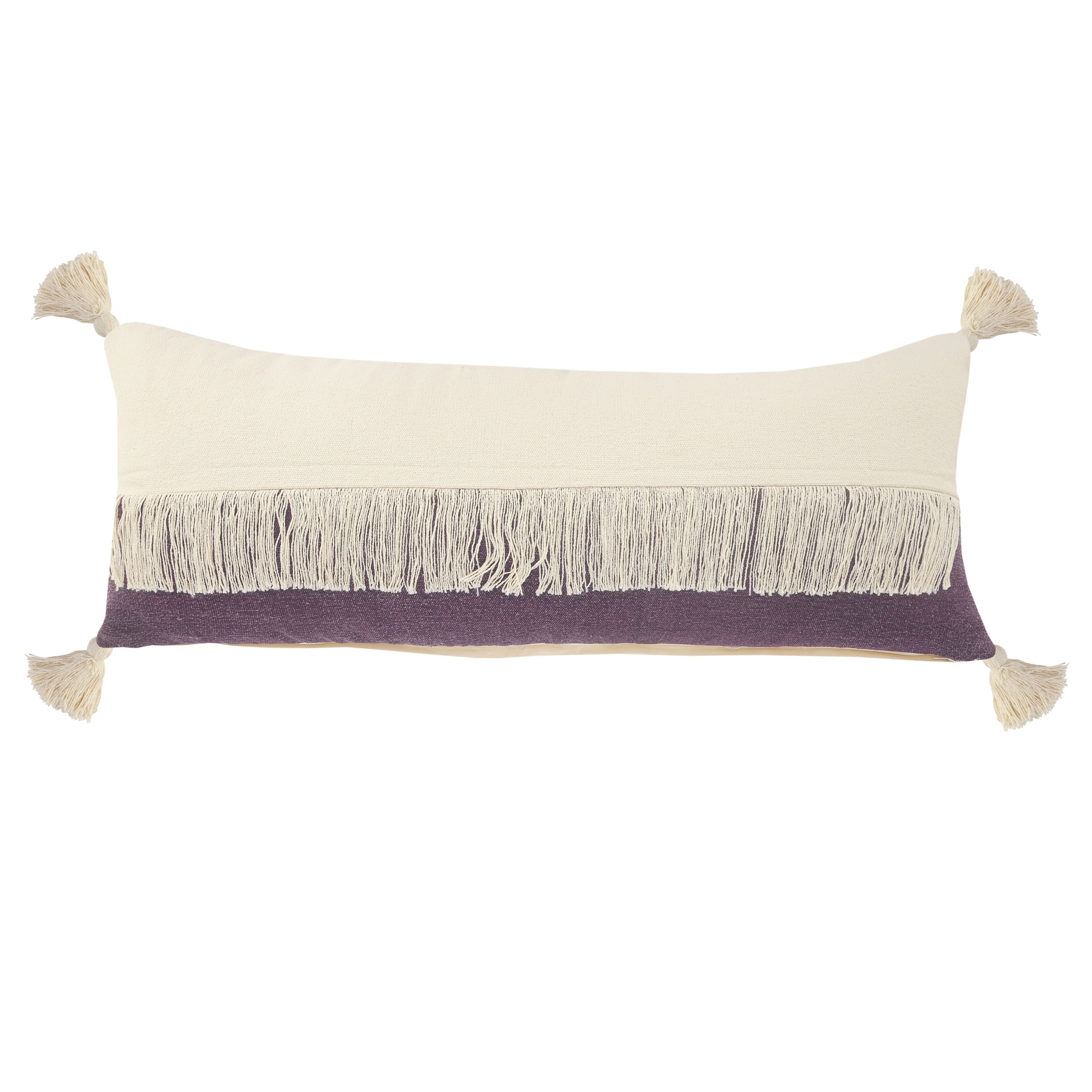 Purple and Off-White Cotton Fringe Lumbar Pillow, 14" x 36"