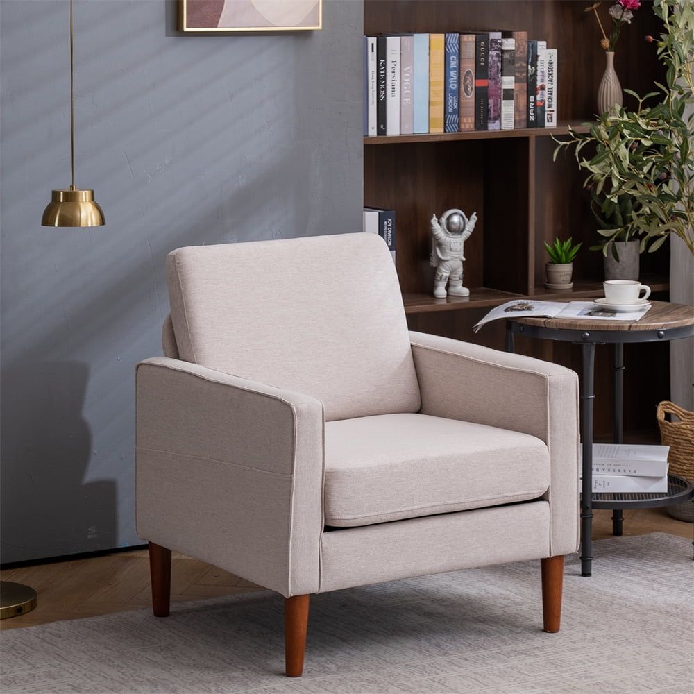 Beige Linen Upholstered Arm Chair with Wood Legs