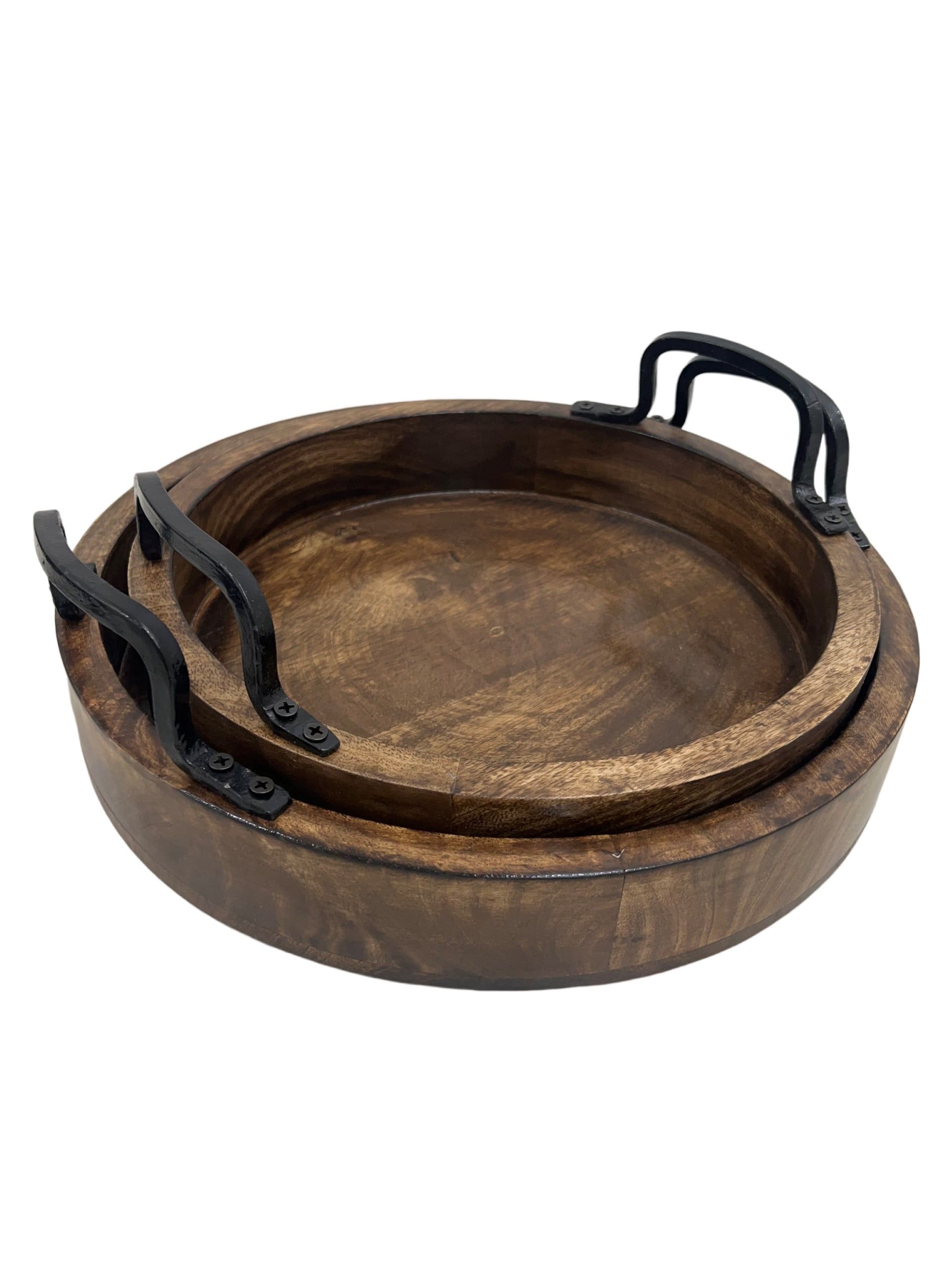 Handmade Rustic Brown Mango Wood Round Serving Trays with Metal Handles, Set of 2