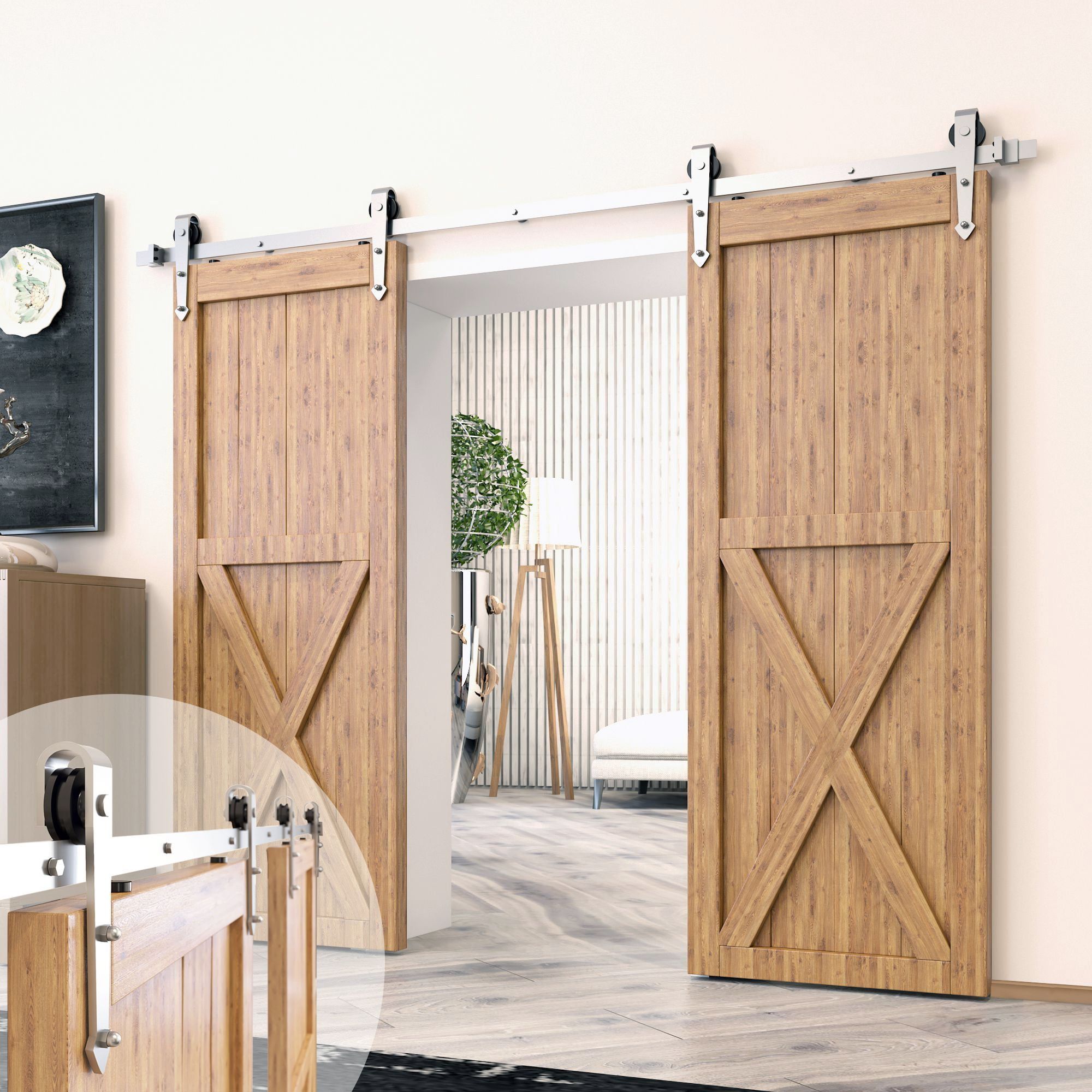 Brushed Nickel Double Barn Door Hardware Kit with Arrow Design