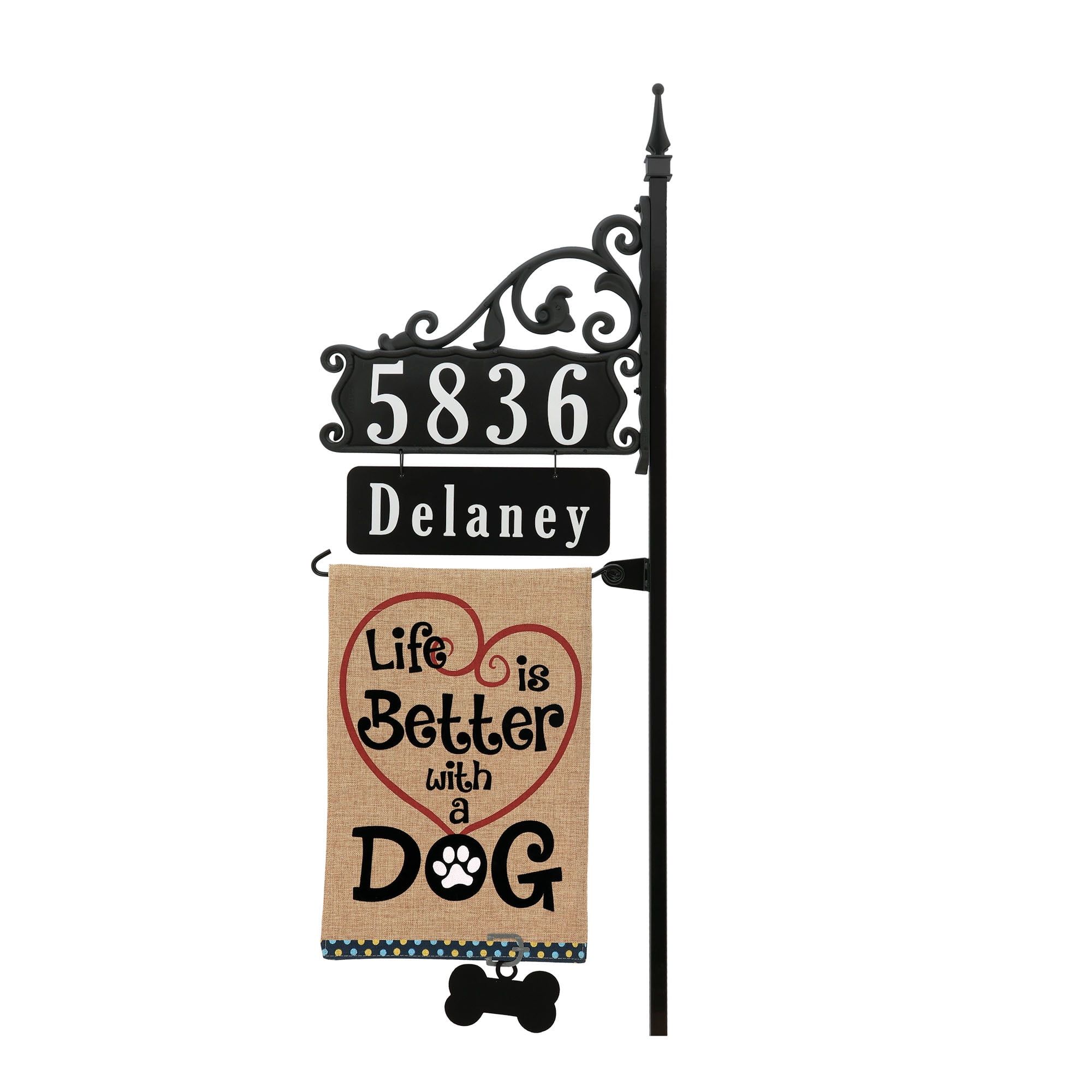 Reflective Black Metal Address Plaque with Dog Flag