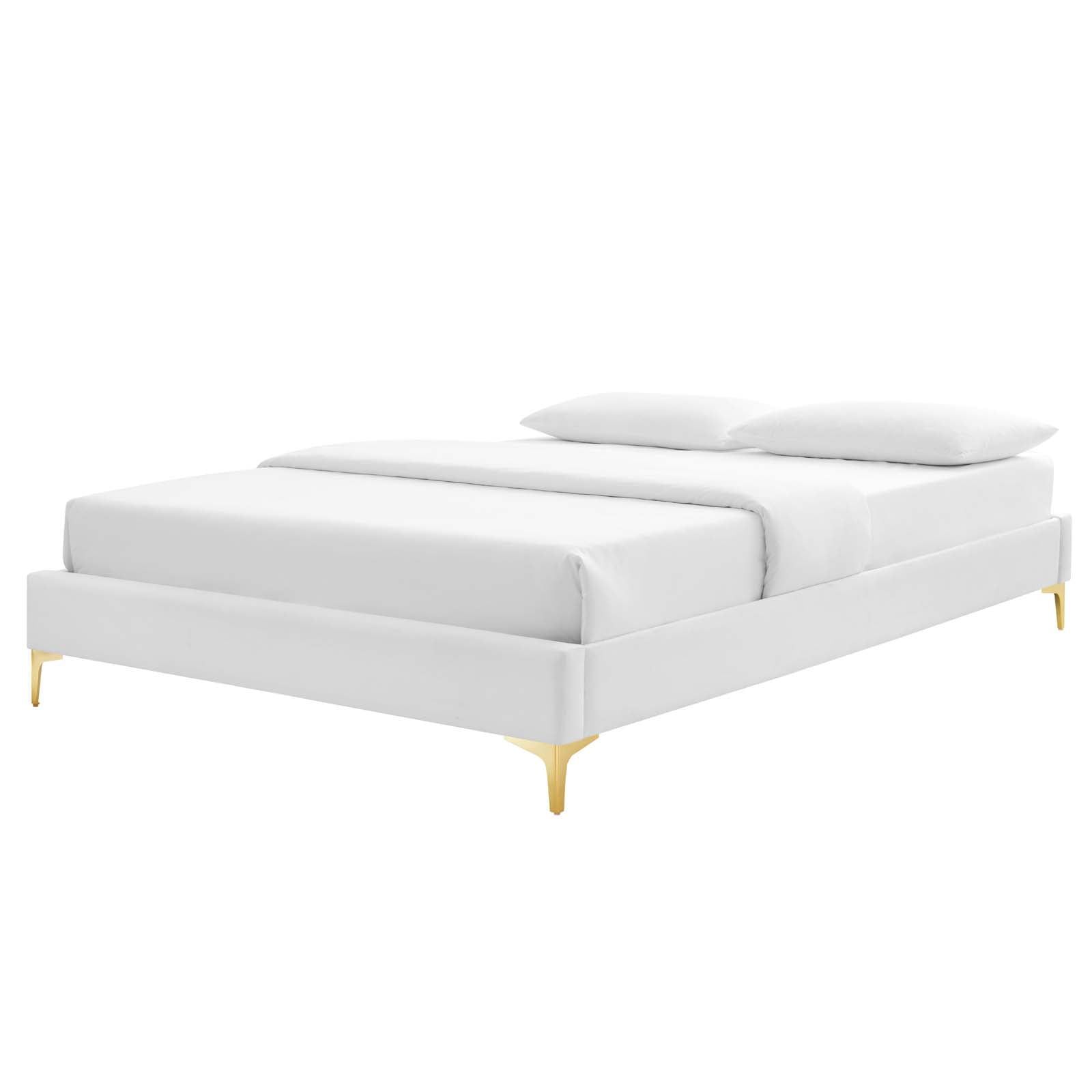 Sutton King White Velvet Upholstered Bed Frame with Gold Legs