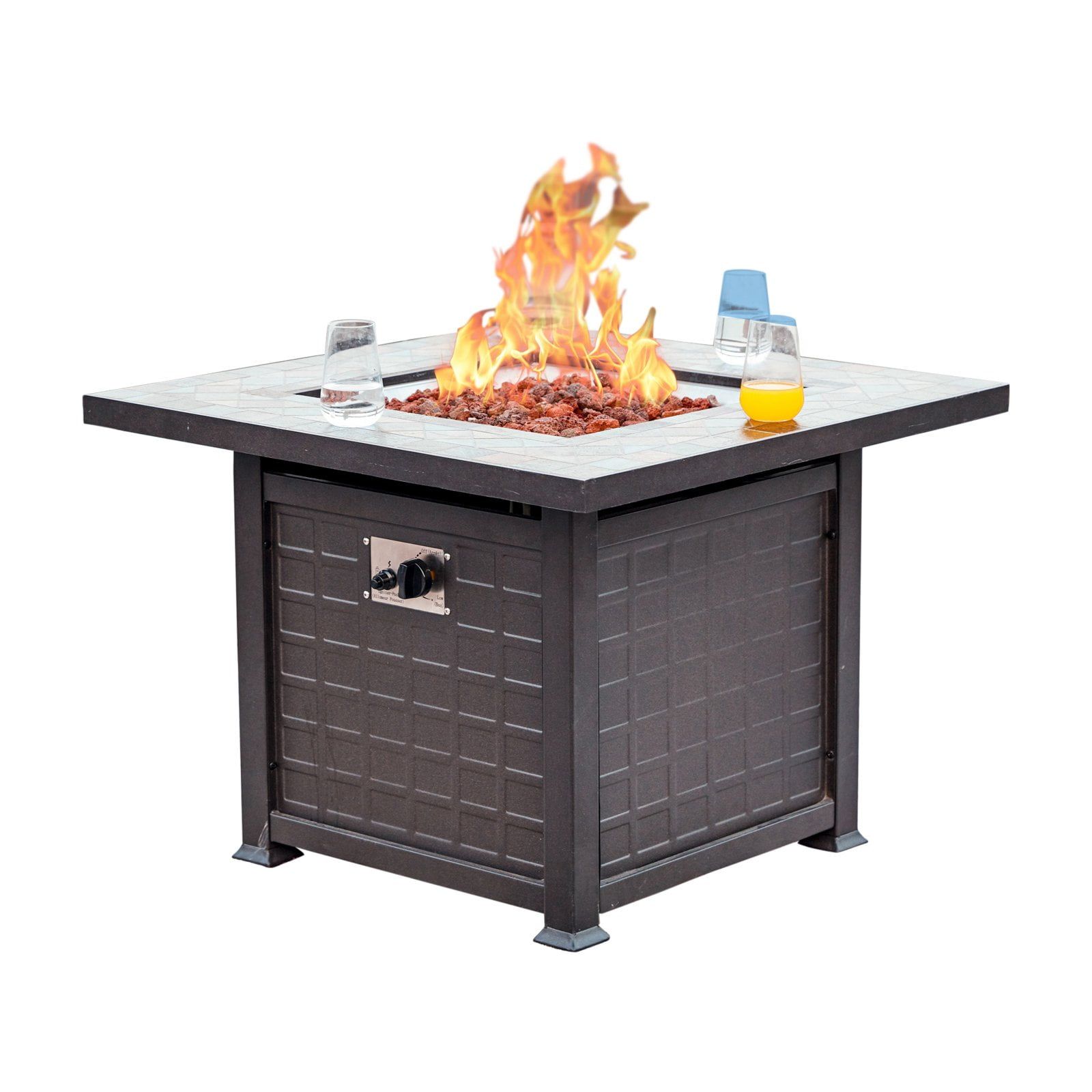 Square Bronze Gas Fire Pit Table with Marbled Tile Border