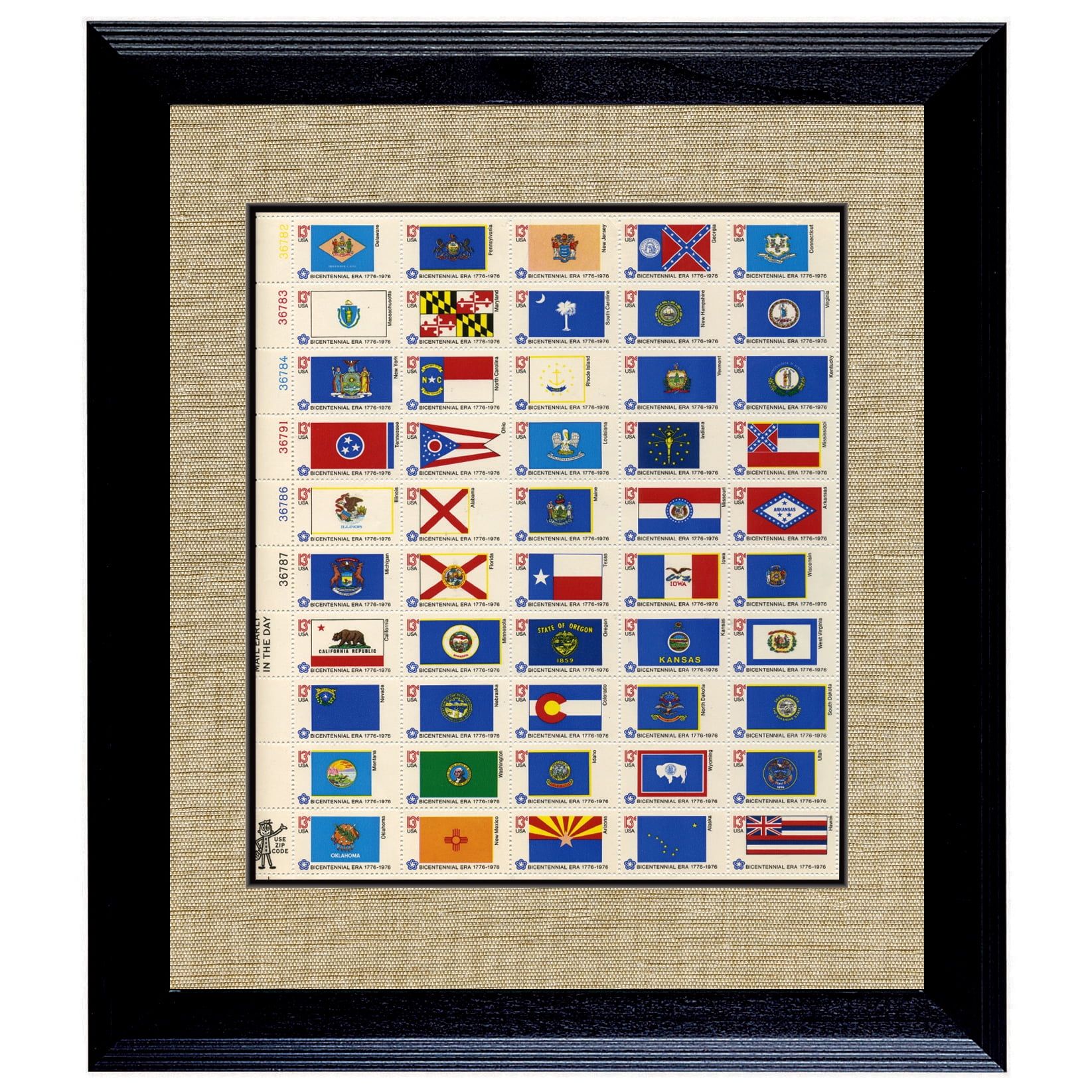 16x14 Black Wood Frame with US State Flag Stamp Sheet