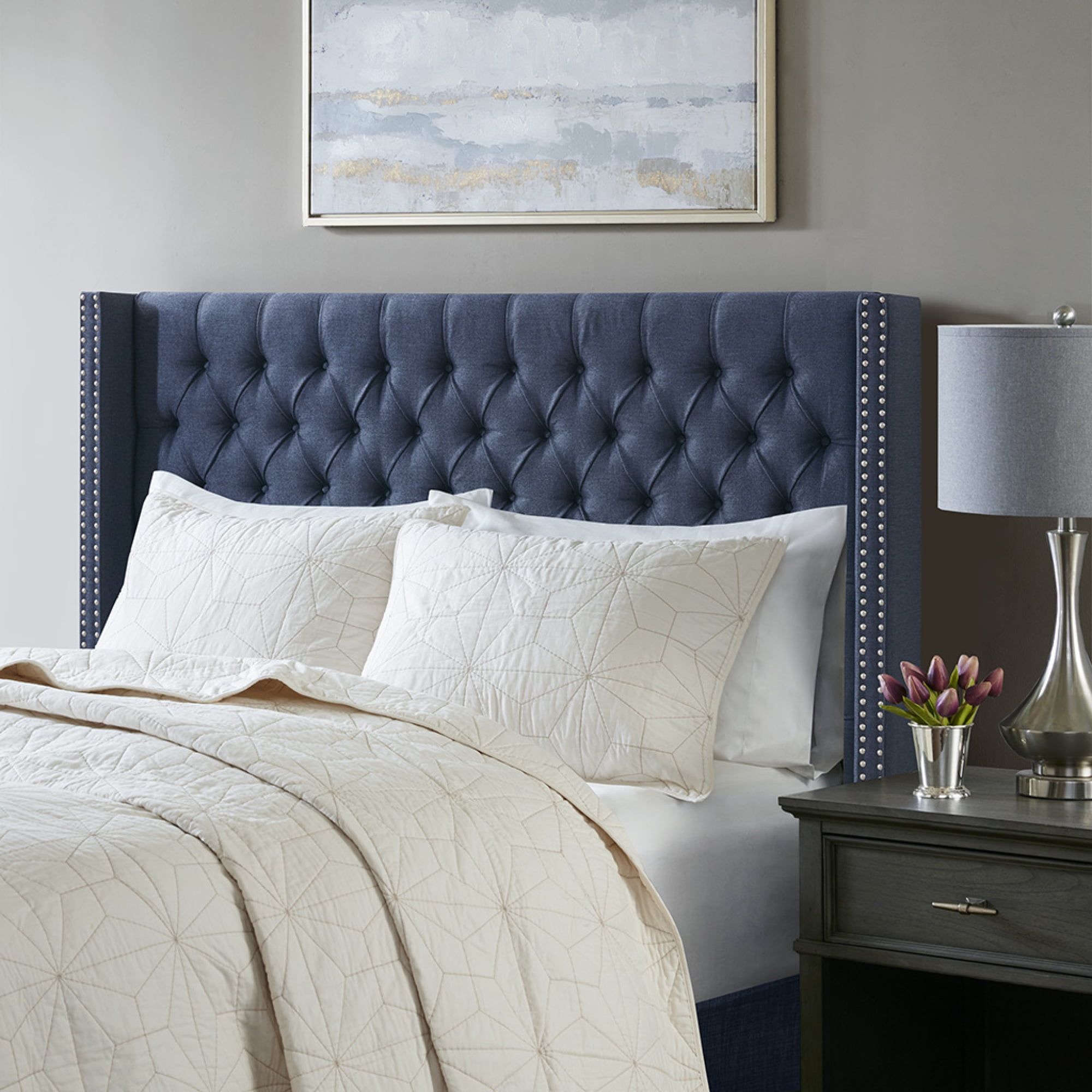 Navy Queen Upholstered Tufted Headboard with Metal Legs