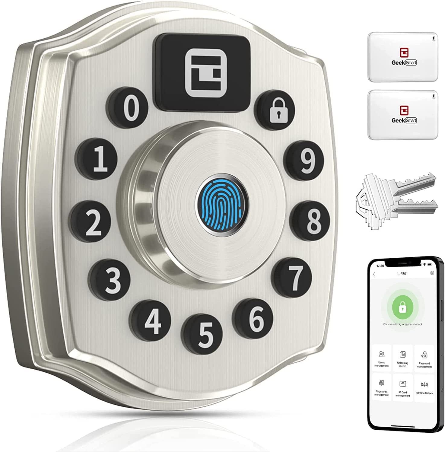 Silver Smart Keypad Deadbolt with Fingerprint and App Control