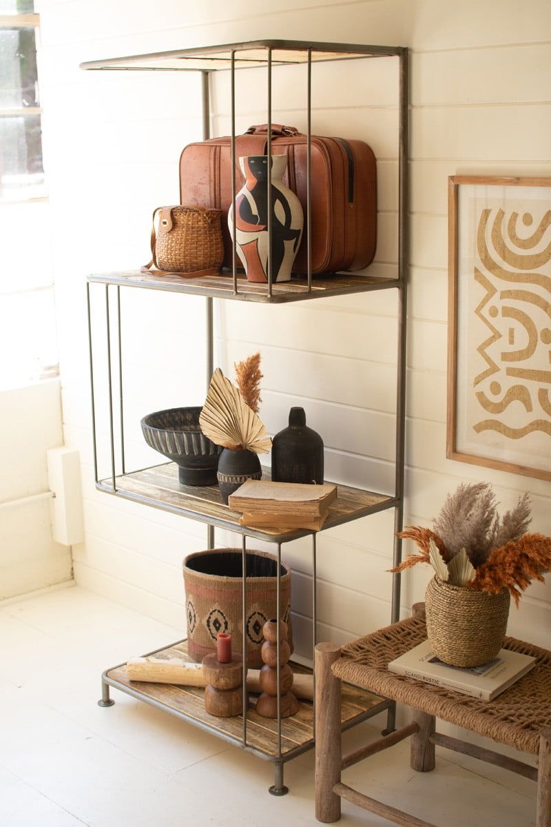 Asymmetrical Wood and Metal Functional Display Shelf