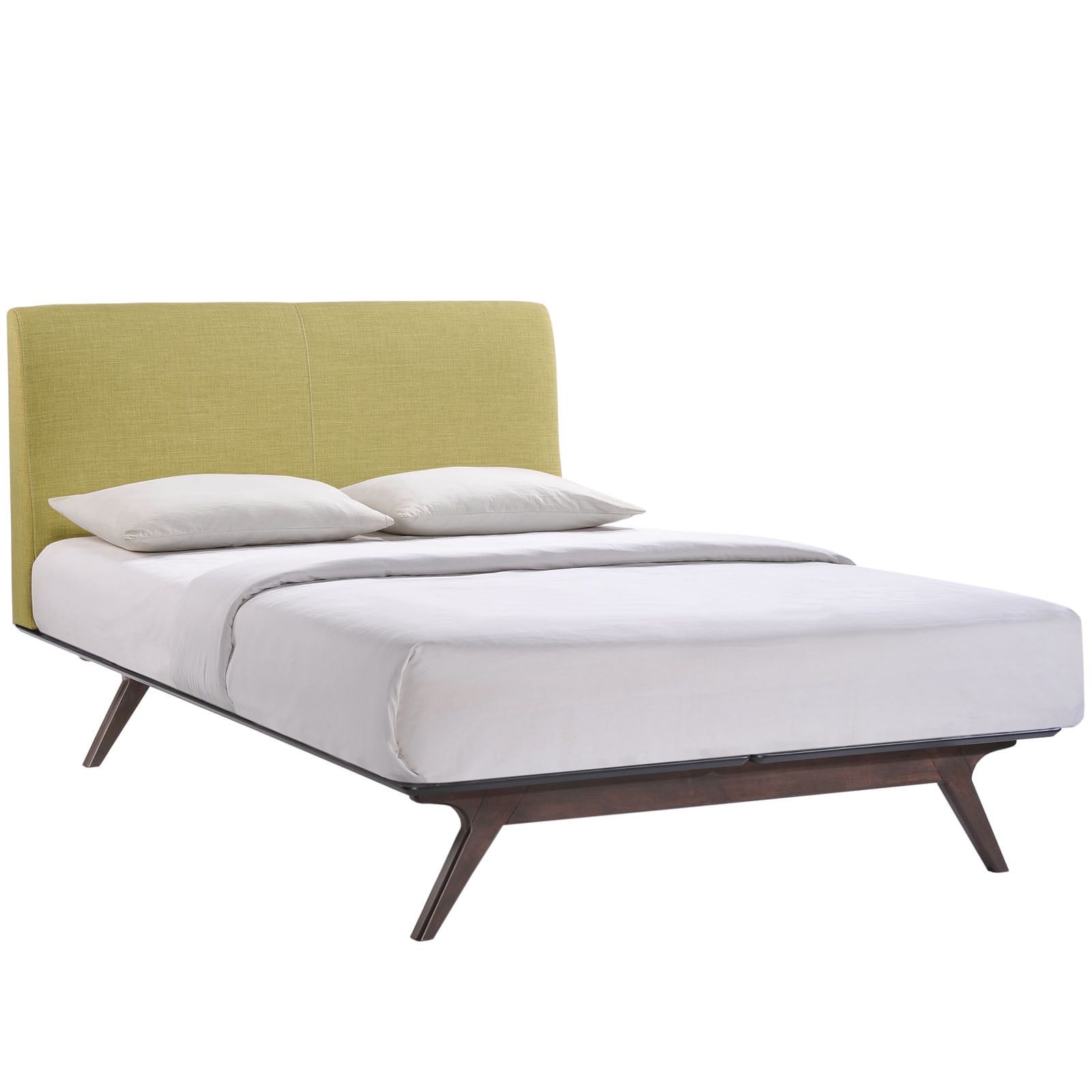 Mid-Century Modern Queen Bed with Tufted Green Upholstery