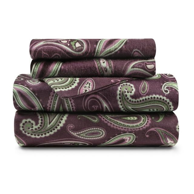 California King Purple Paisley Cotton Flannel Sheet Set