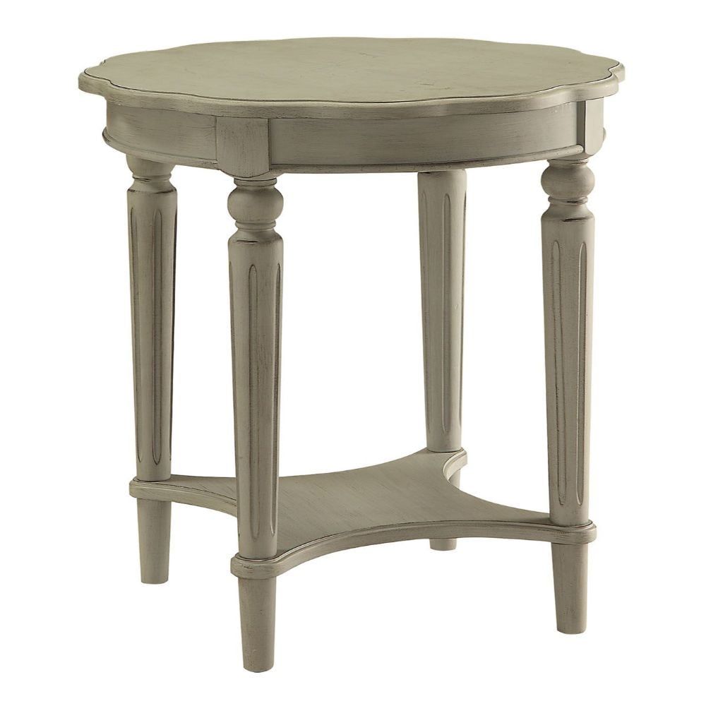 Antiqued Slate Round Wood End Table with Shelf