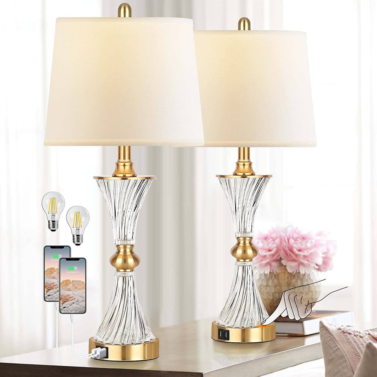 Gold and Crystal 3-Way Touch Control Table Lamps with USB Ports, Set of 2