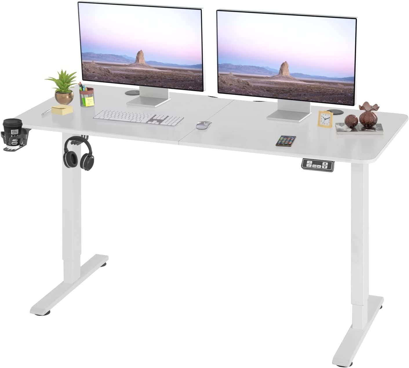 White Adjustable Height Gaming Desk with Drawer and Cup Holder