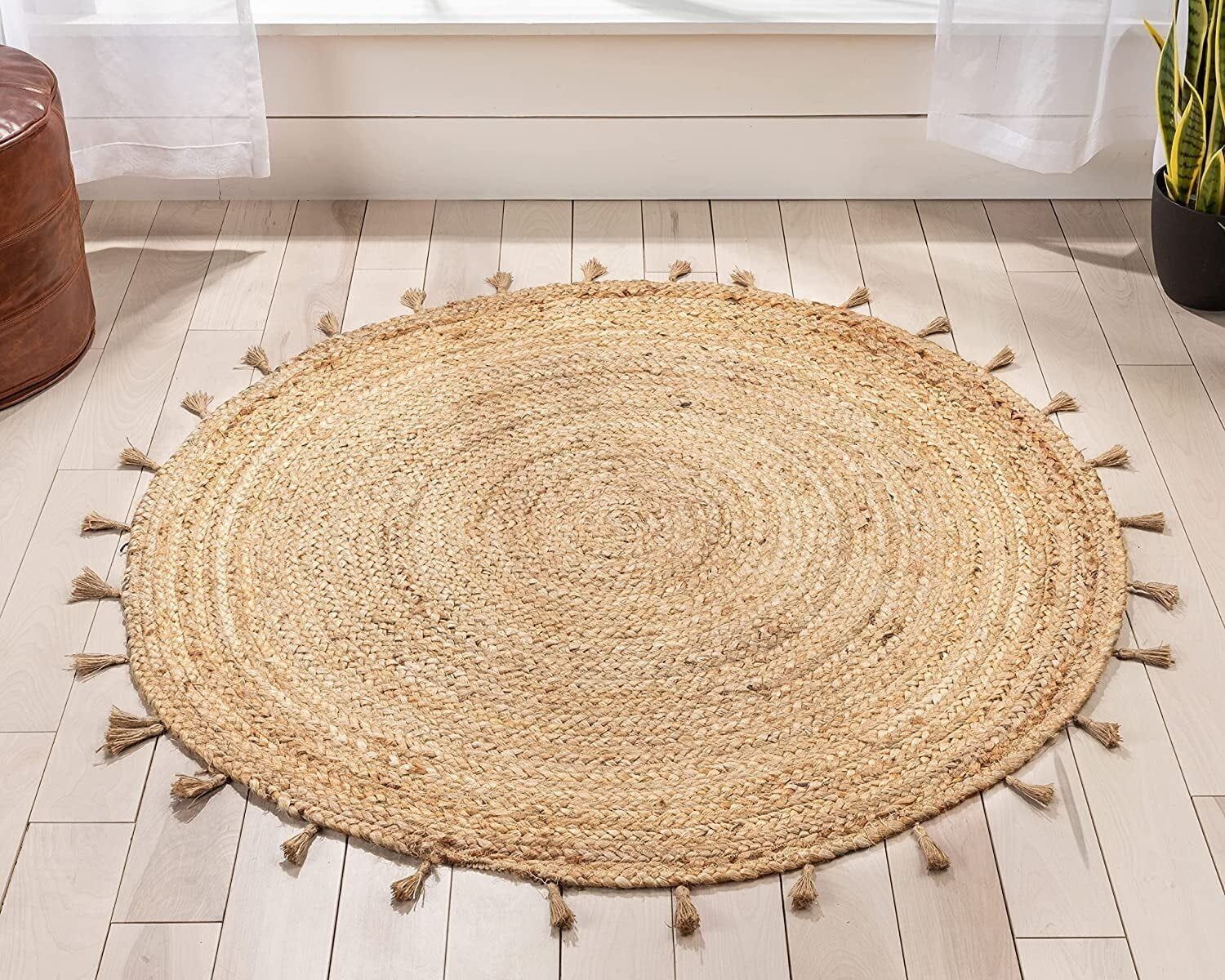 Handwoven Round Beige Cotton Braided Area Rug with Tassels